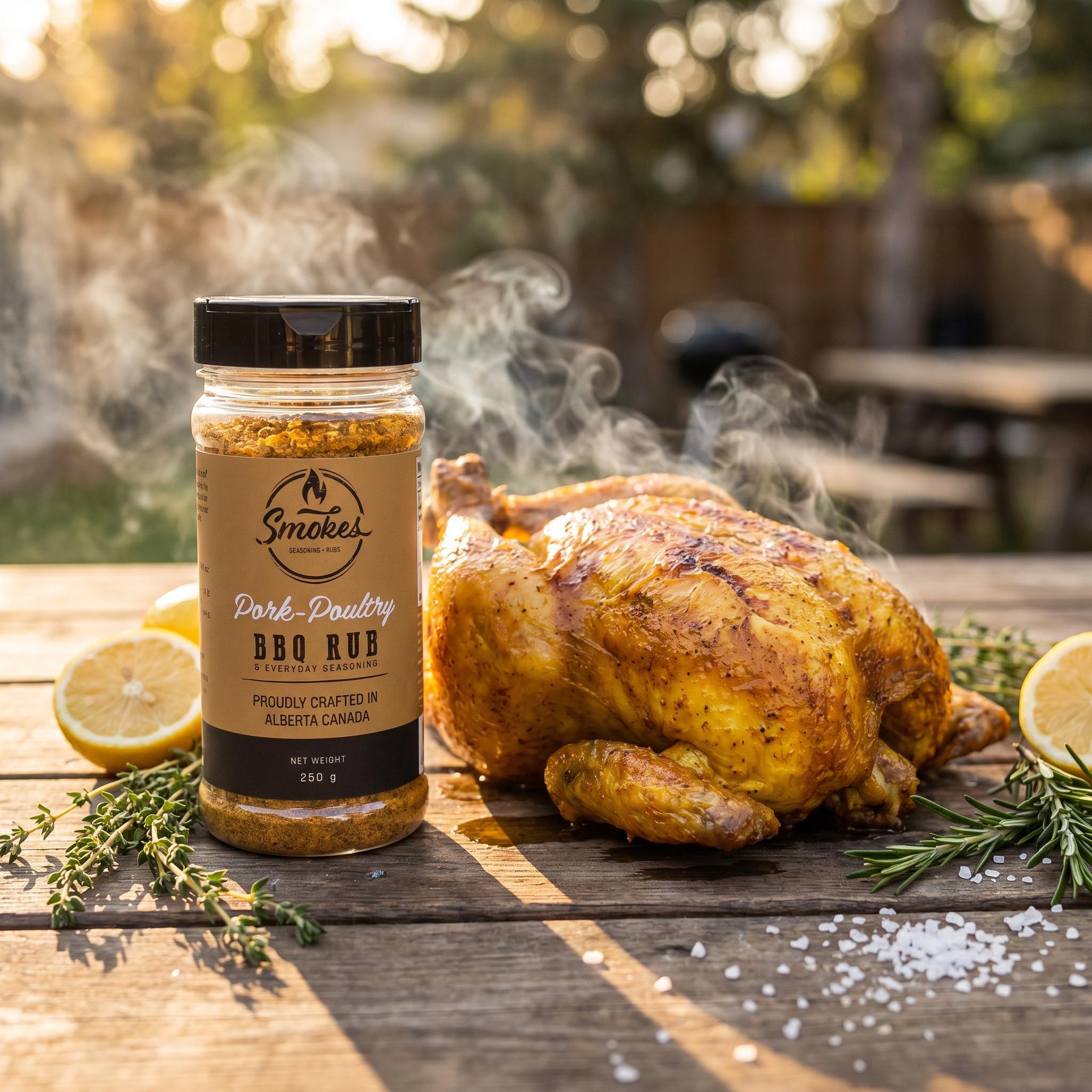 Smokes Pork-Poultry BBQ rub — whole rotisserie chicken with crisp golden turmeric skin