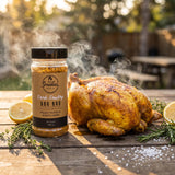 Smokes Pork-Poultry BBQ rub — whole rotisserie chicken with crisp golden turmeric skin