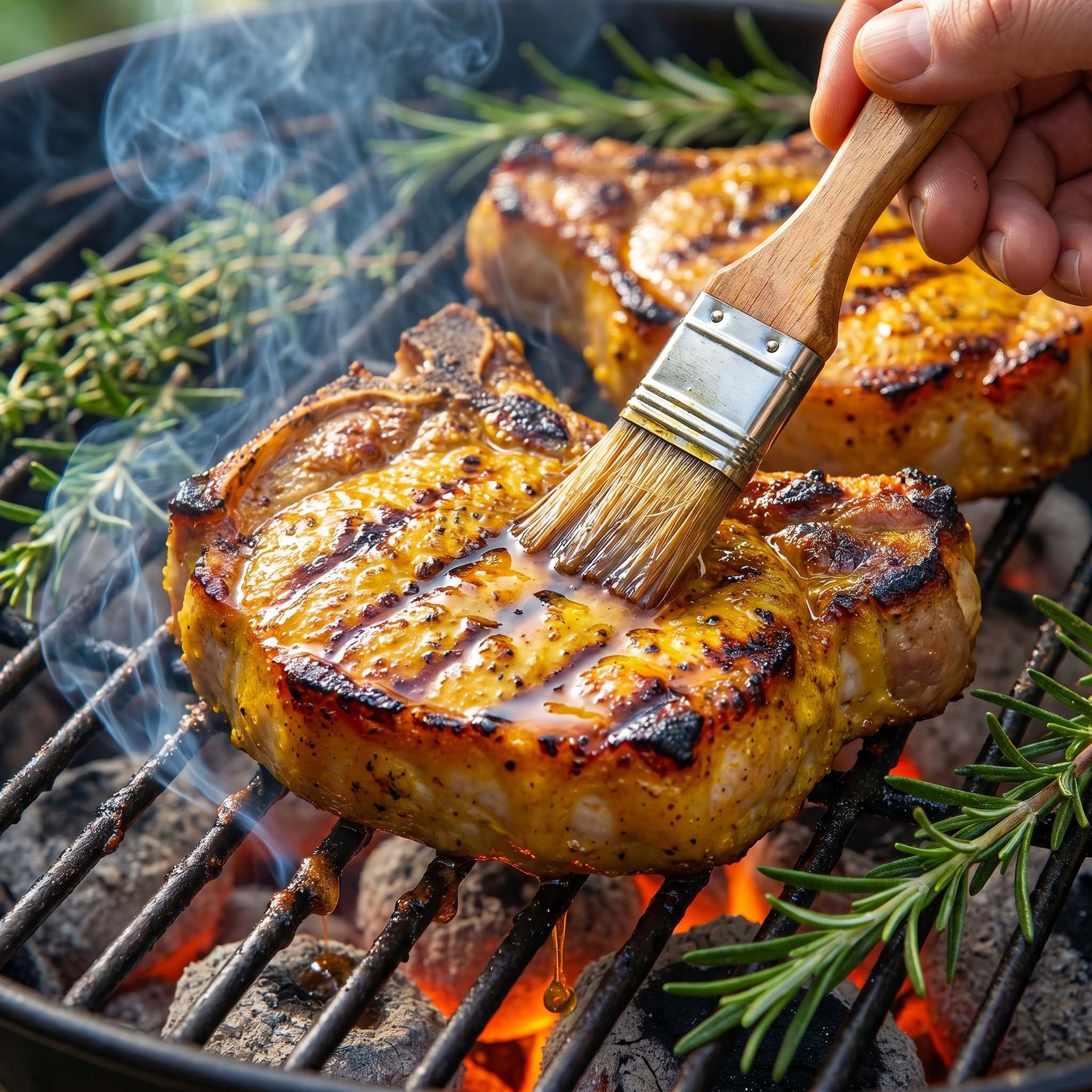 Smokes Pork-Poultry BBQ rub — grilled pork chops with a golden savoury crust being basted