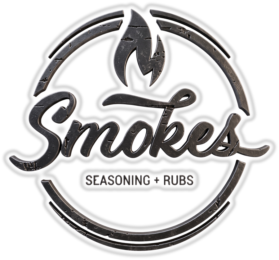 Smokes Seasoning + Rubs barbecue brand logo, distressed flame stamp roundel, white on transparent background