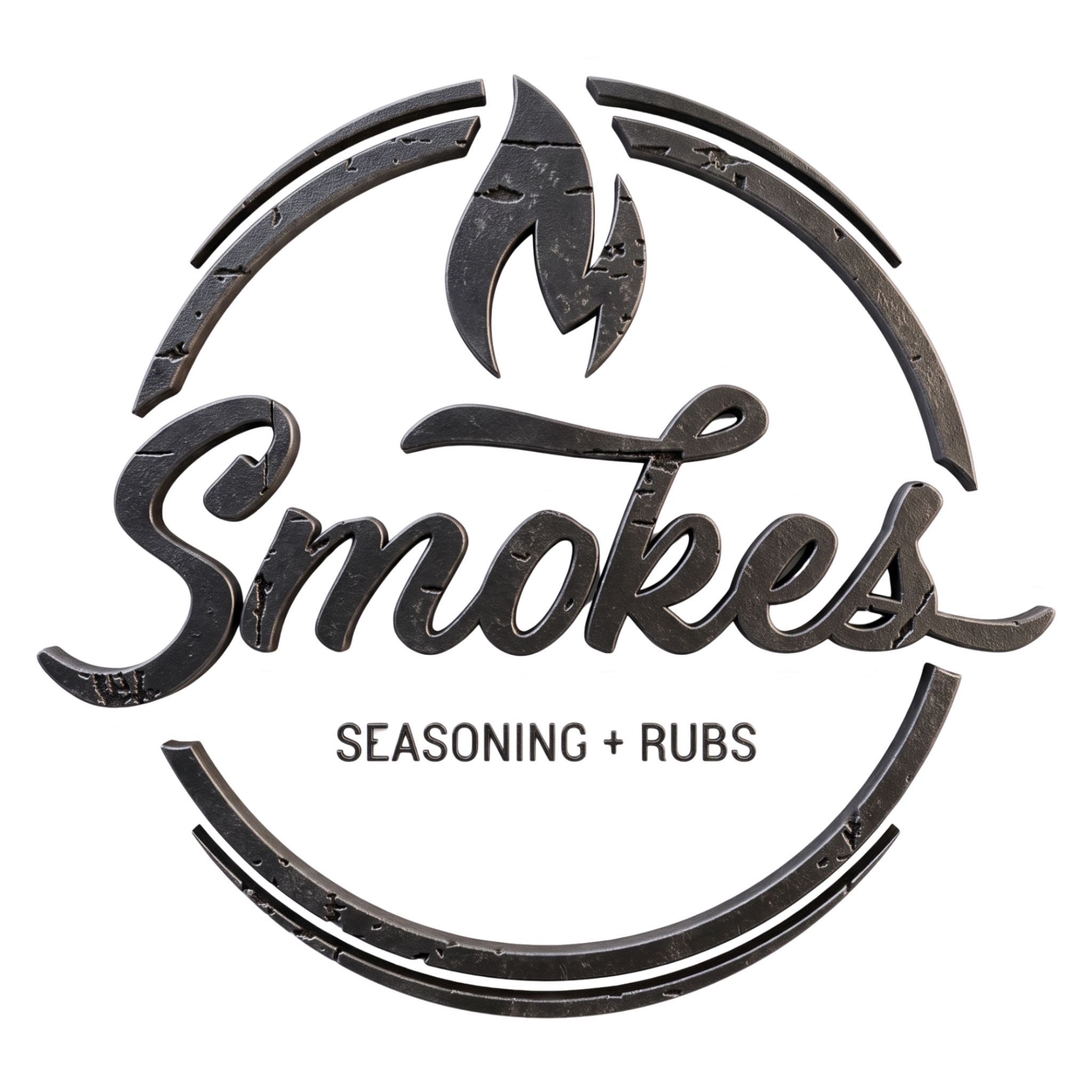 Smokes Seasoning + Rubs barbecue brand logo, distressed flame stamp roundel, white on transparent background