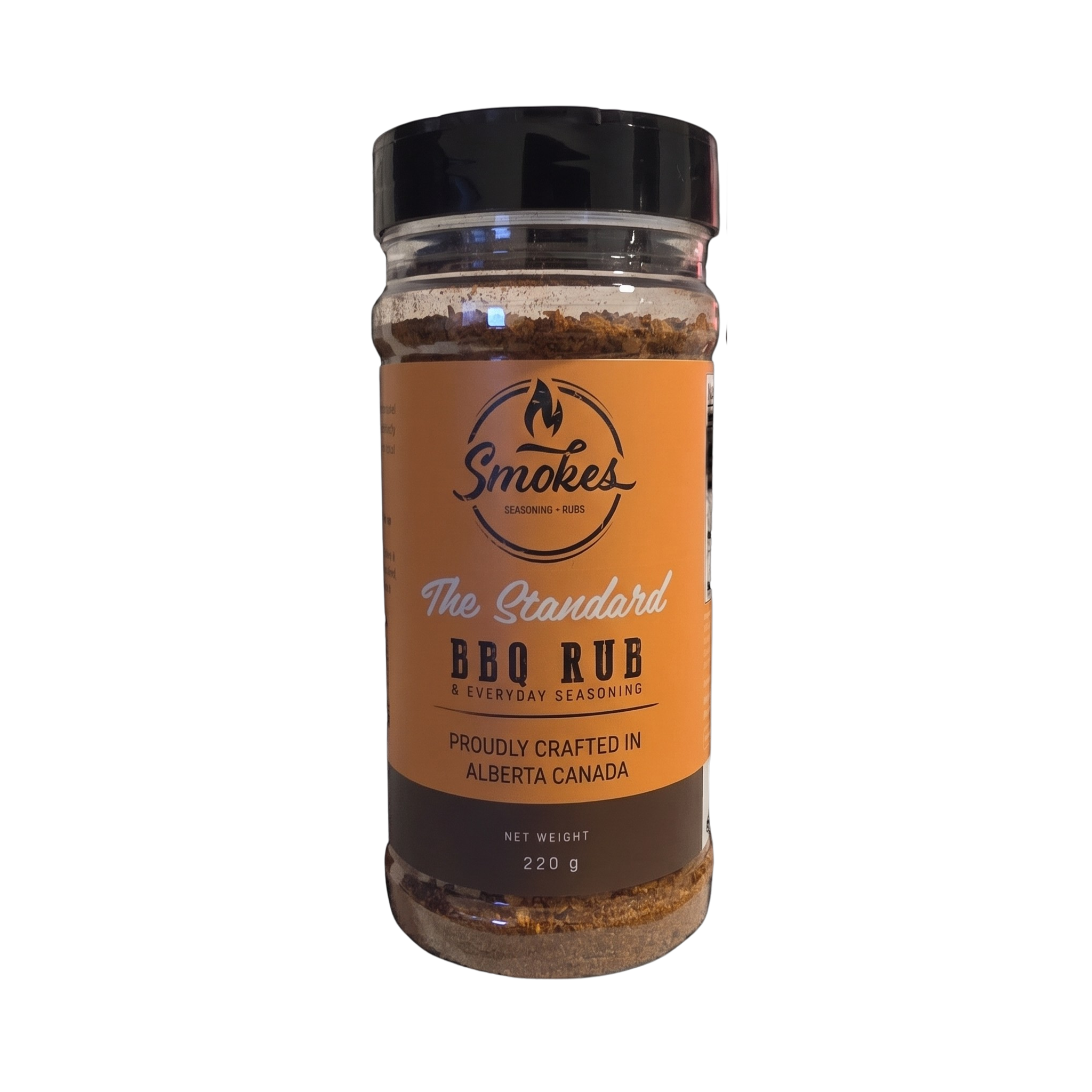 Smokes The Standard all-purpose BBQ rub 220g, front of shaker on transparent background