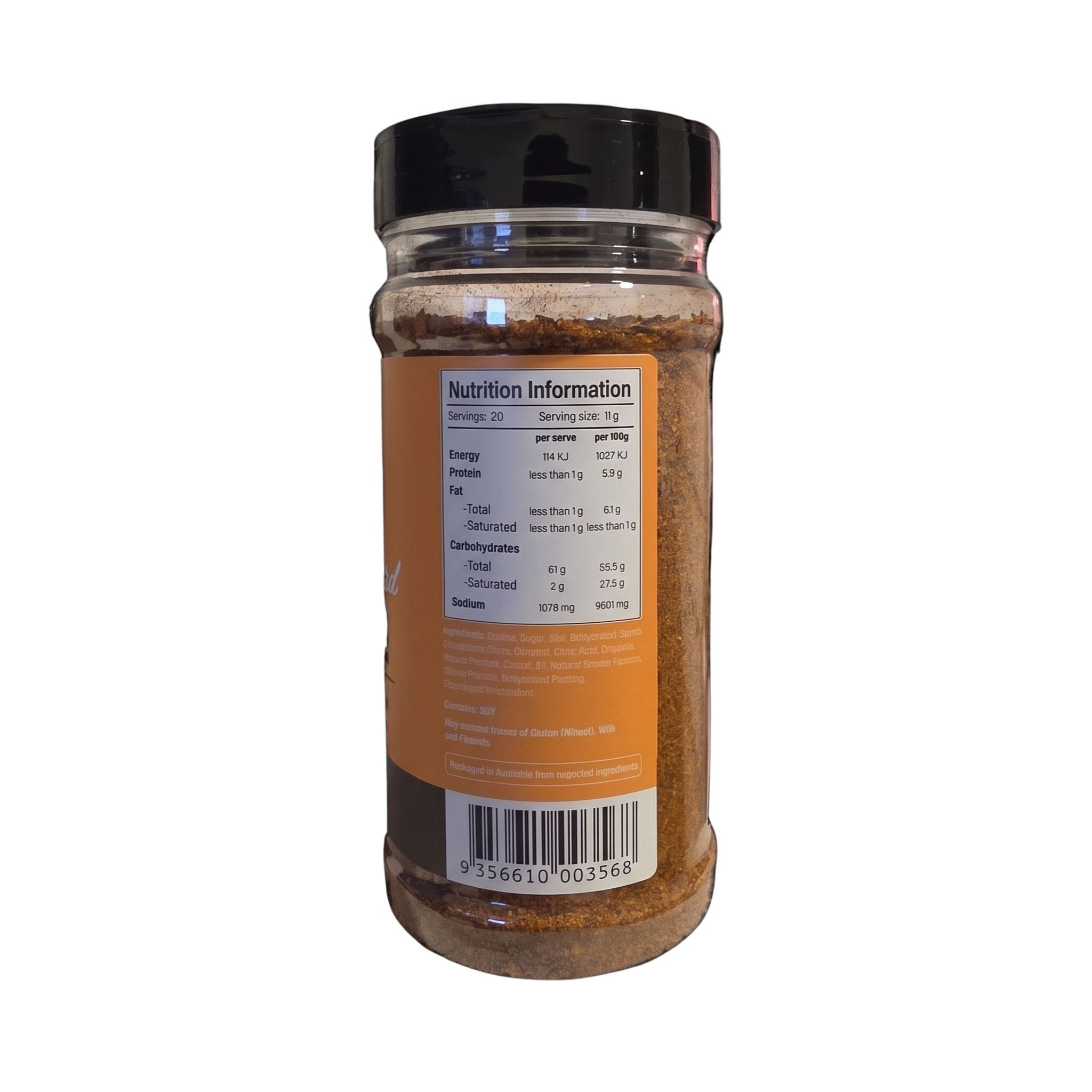 Smokes The Standard all-purpose BBQ rub 220g, side of shaker, transparent background