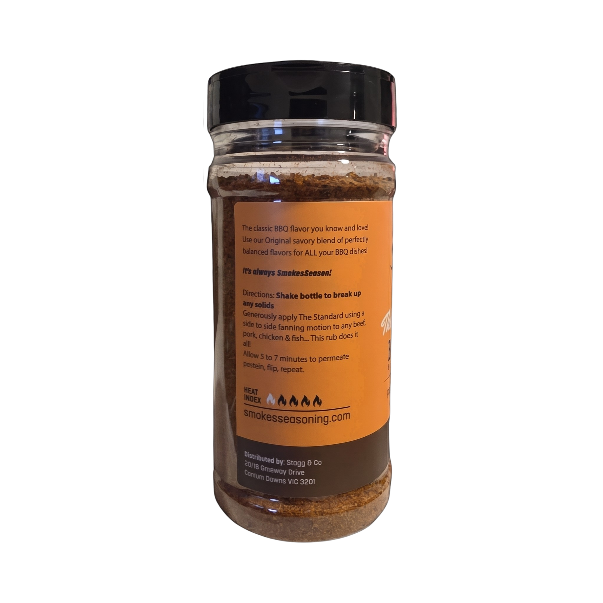 Smokes The Standard all-purpose BBQ rub 220g, ingredients and nutrition panel, transparent background