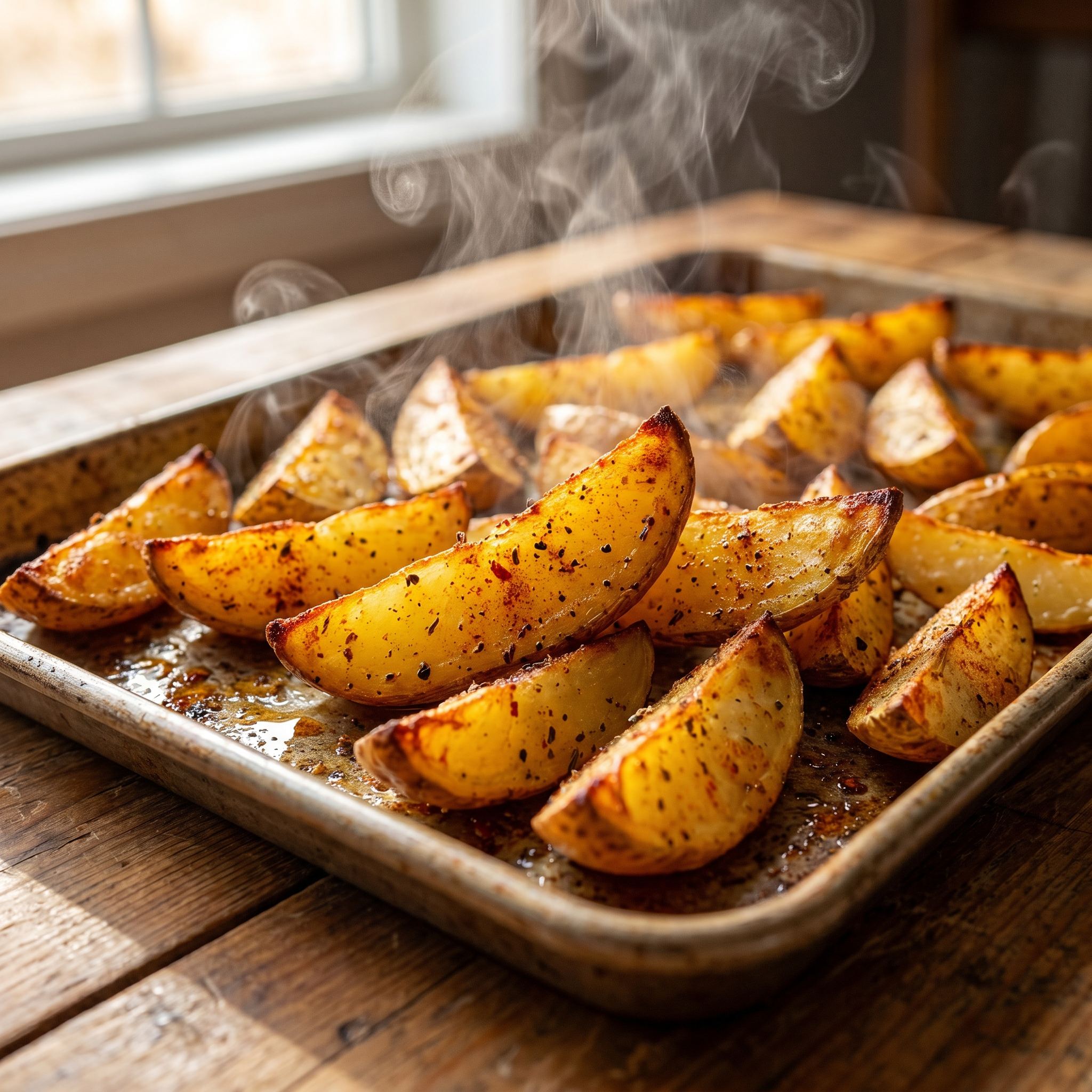 Smokes The Standard all-purpose BBQ rub — tray of golden roast potato wedges tossed with seasoning