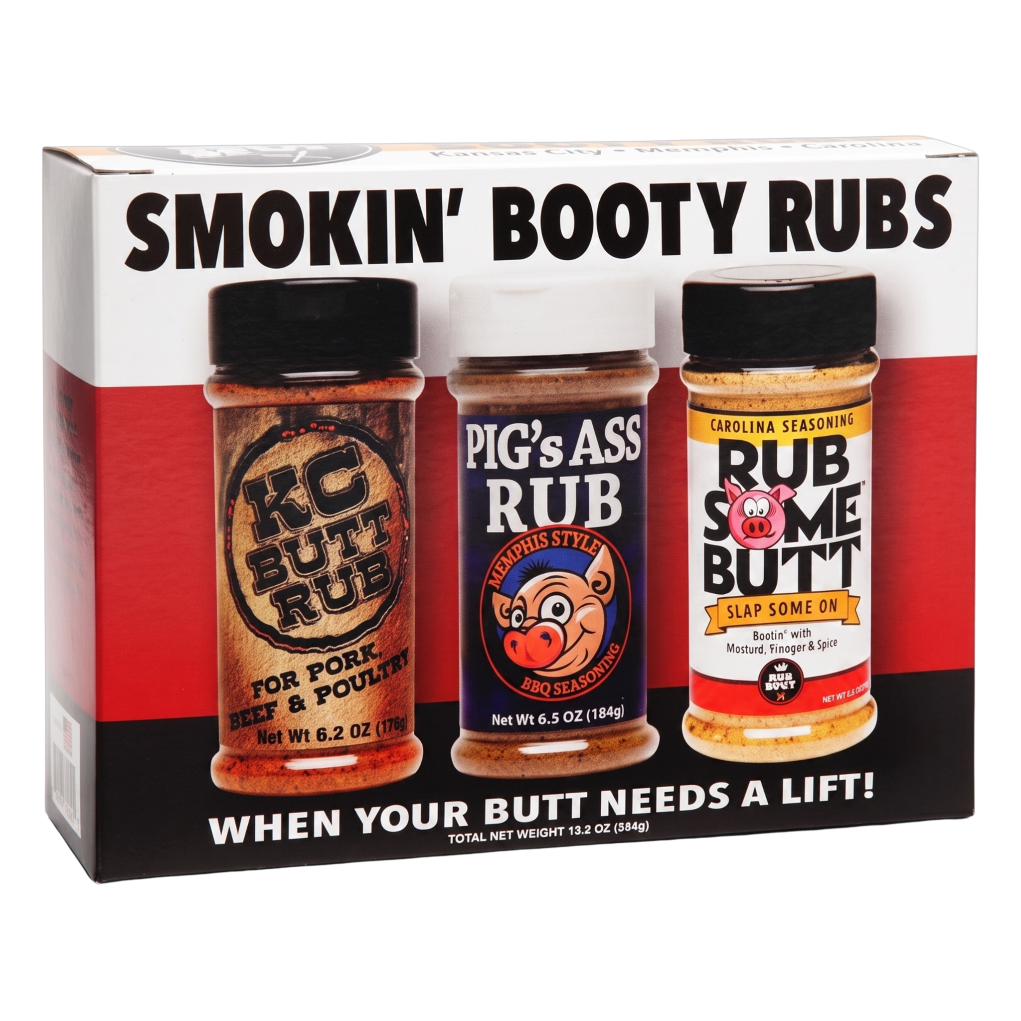 Smokin Booty Gift Pack Triple Rub Set 584g - KC Butt Rub, Pig's Ass Rub and Rub Some Butt shakers with box