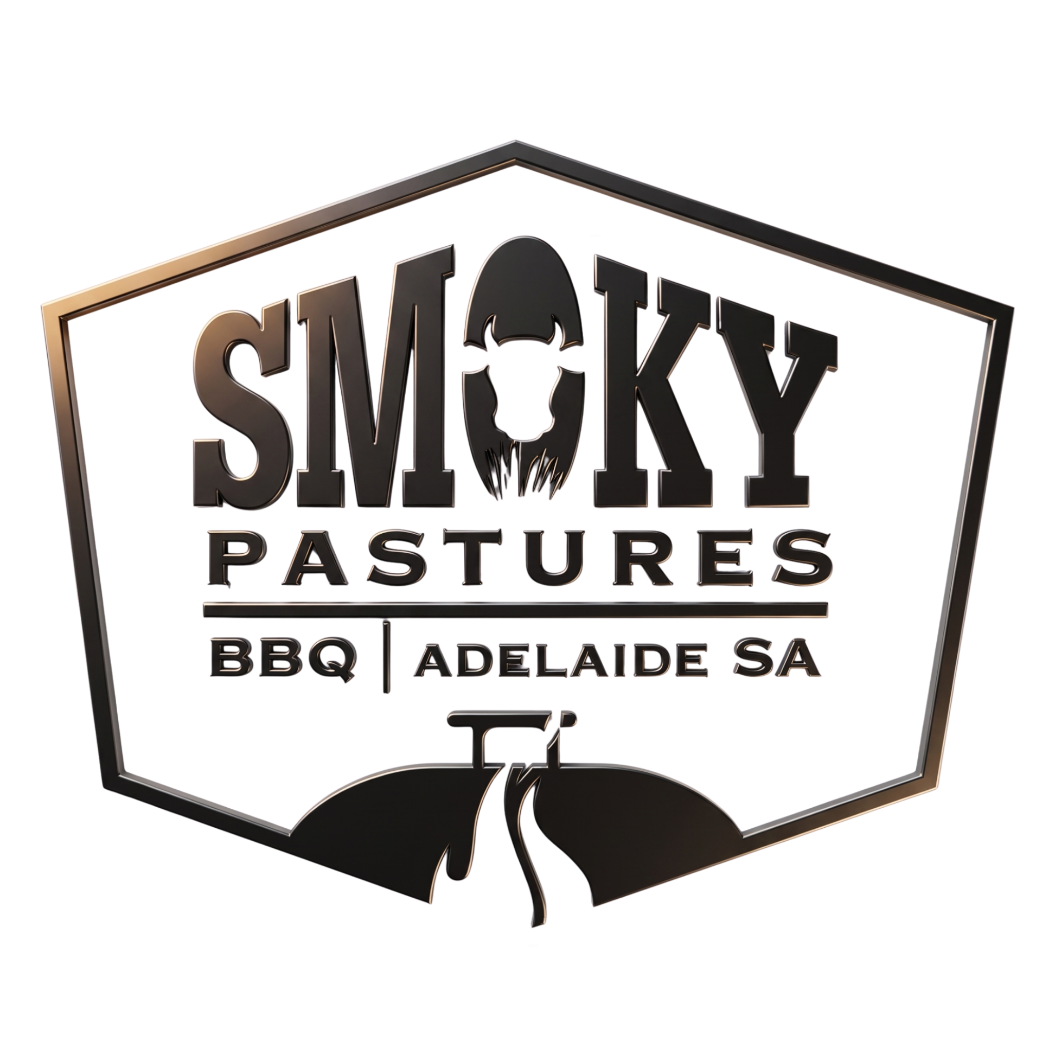 Smoky Pastures BBQ brand logo, black hexagon badge with a bull's head, Adelaide SA, on transparent background