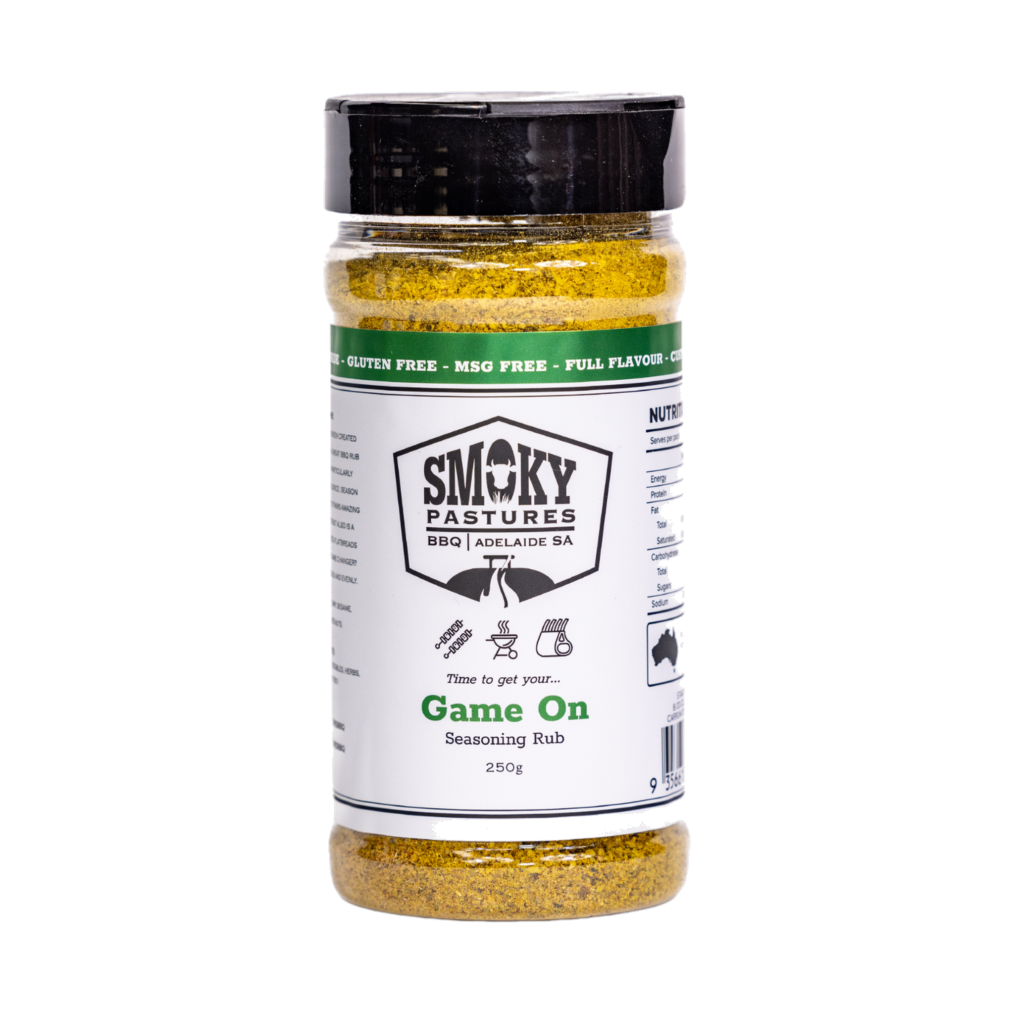 Smoky Pastures Game On rub 250g, front of pack on transparent background