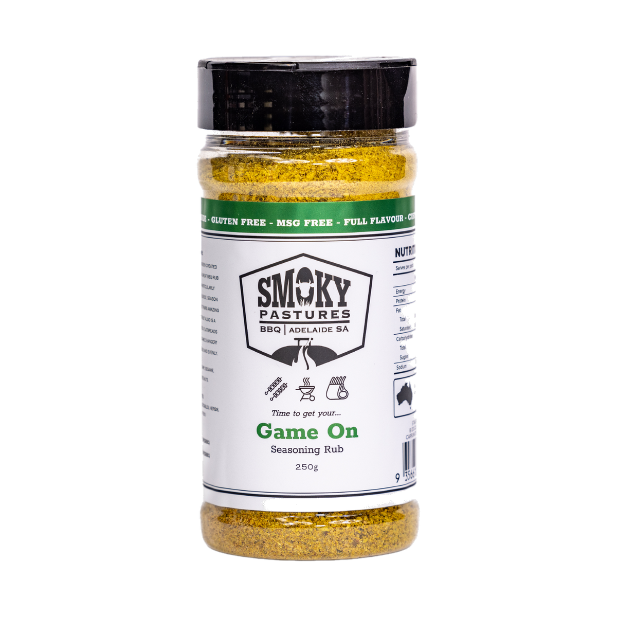 Smoky Pastures Game On rub 250g, front of pack on transparent background