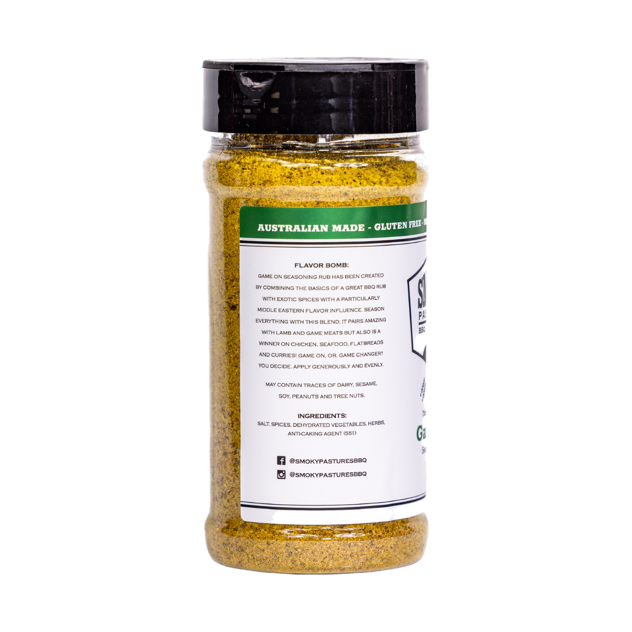 Smoky Pastures Game On rub 250g, left side label detail, transparent background