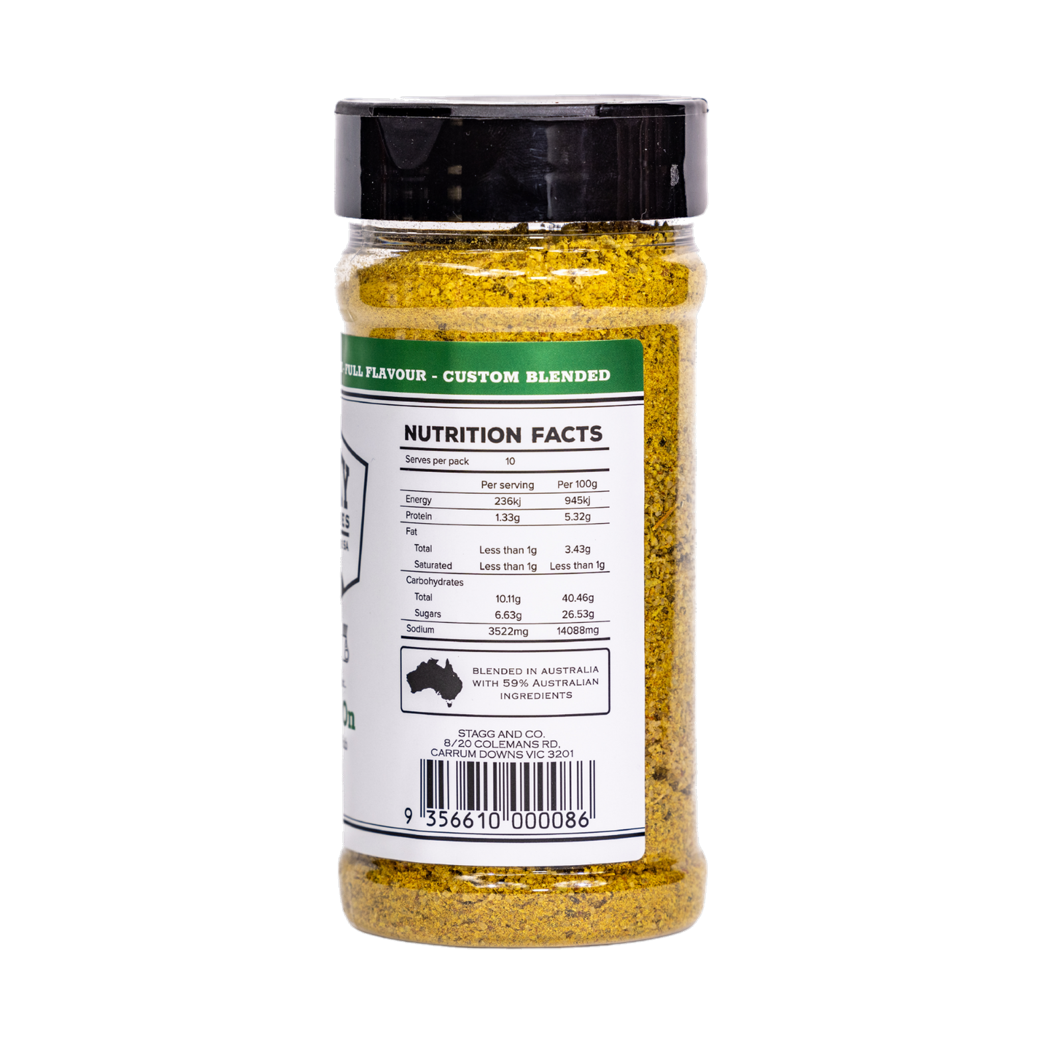 Smoky Pastures Game On rub 250g, ingredients and nutrition panel, transparent background