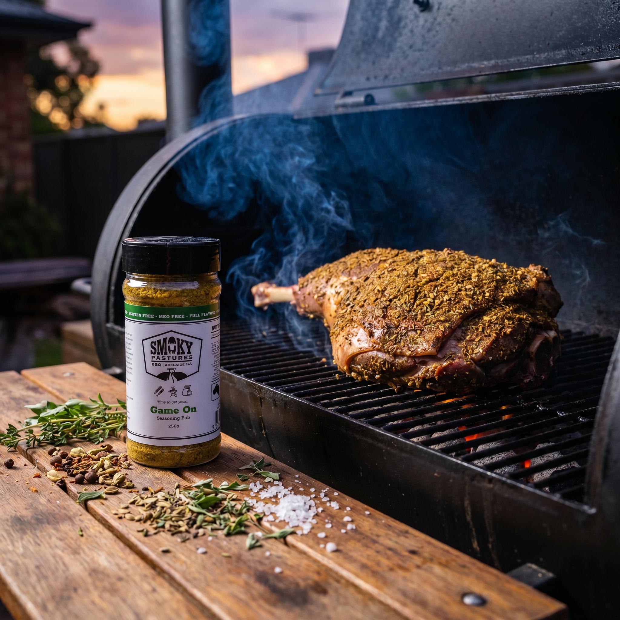 Smoky Pastures Game On rub — spice-crusted lamb leg on an offset smoker