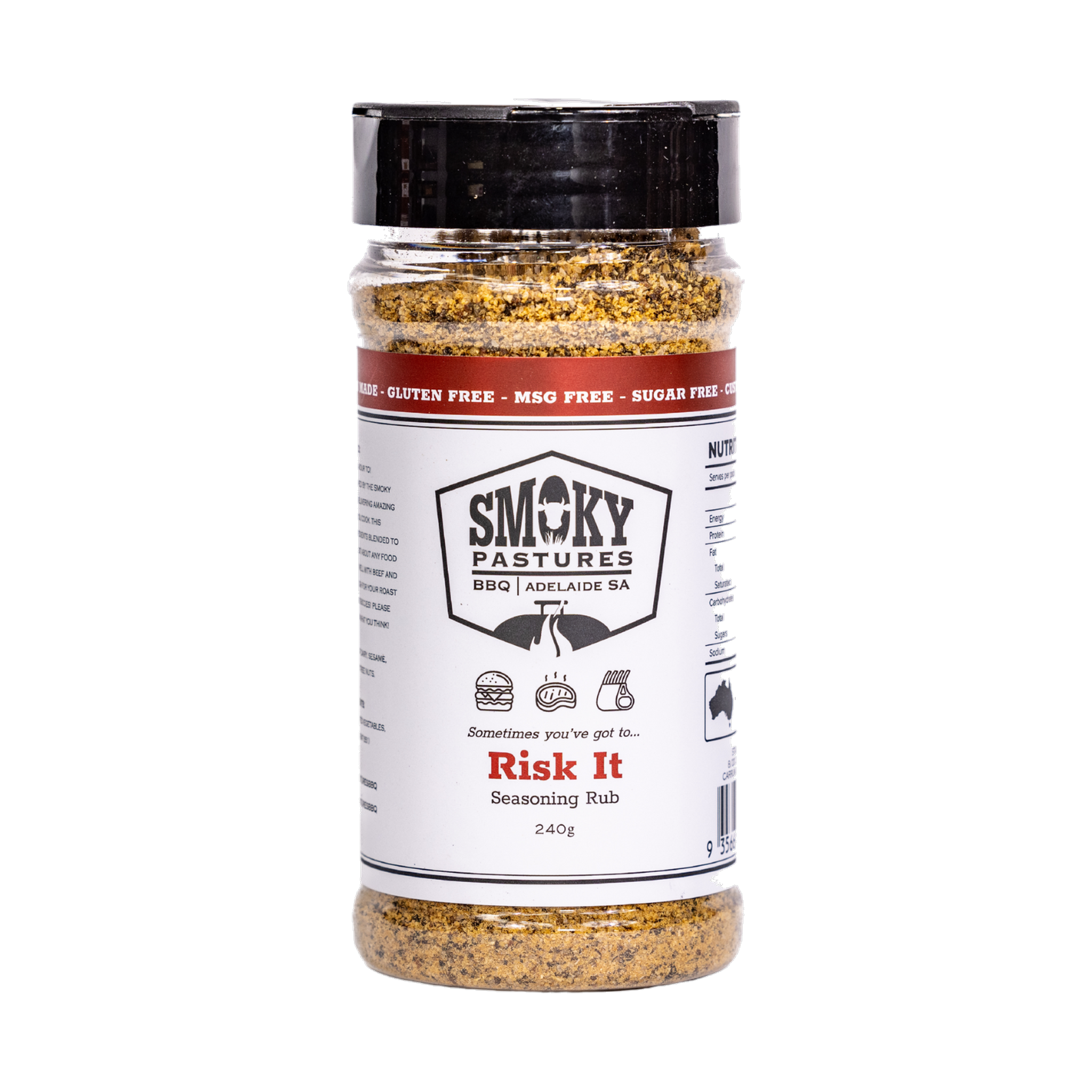 Smoky Pastures Risk It rub 240g, front of pack on transparent background
