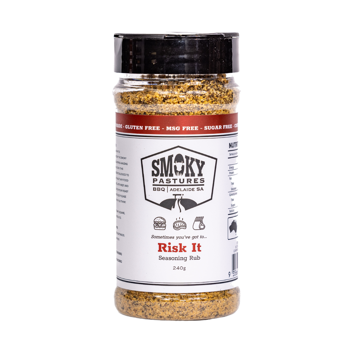 Smoky Pastures Risk It rub 240g, front of pack on transparent background