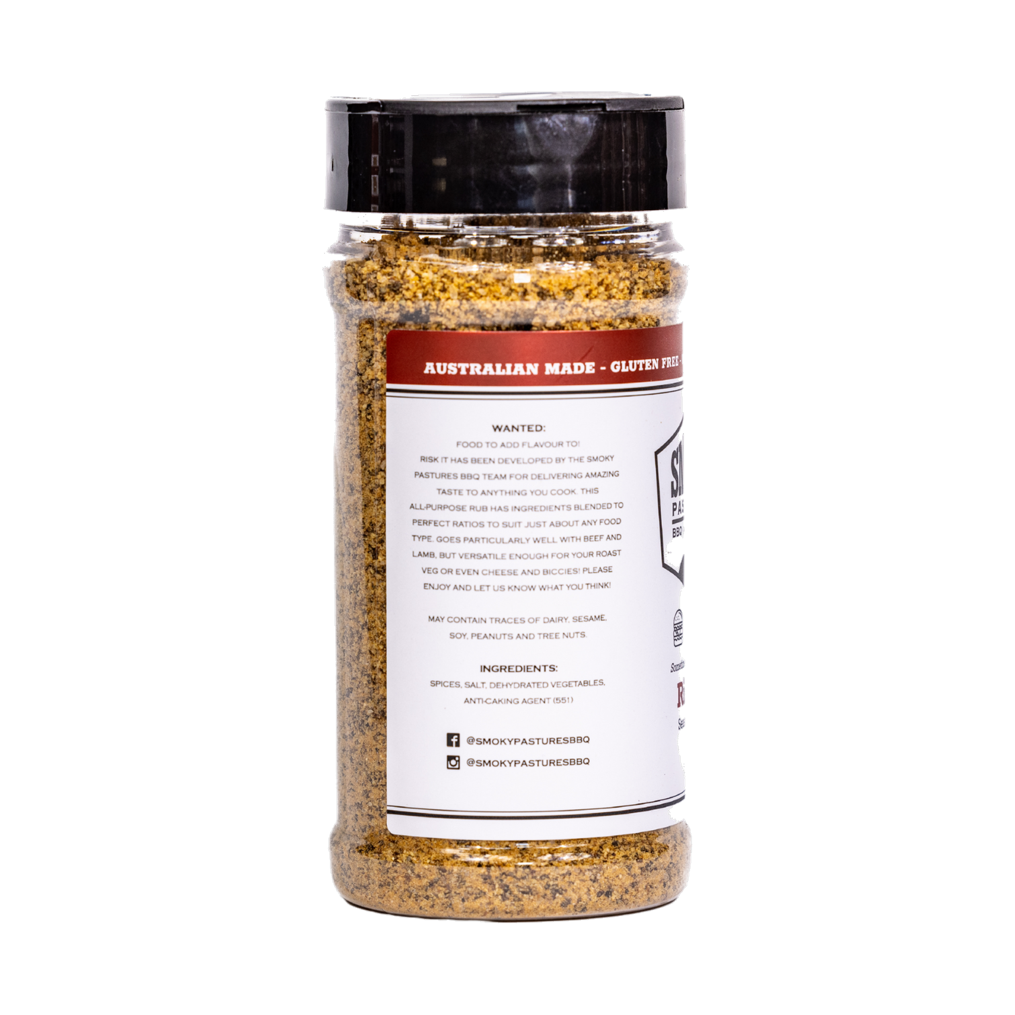 Smoky Pastures Risk It rub 240g, left side label detail, transparent background
