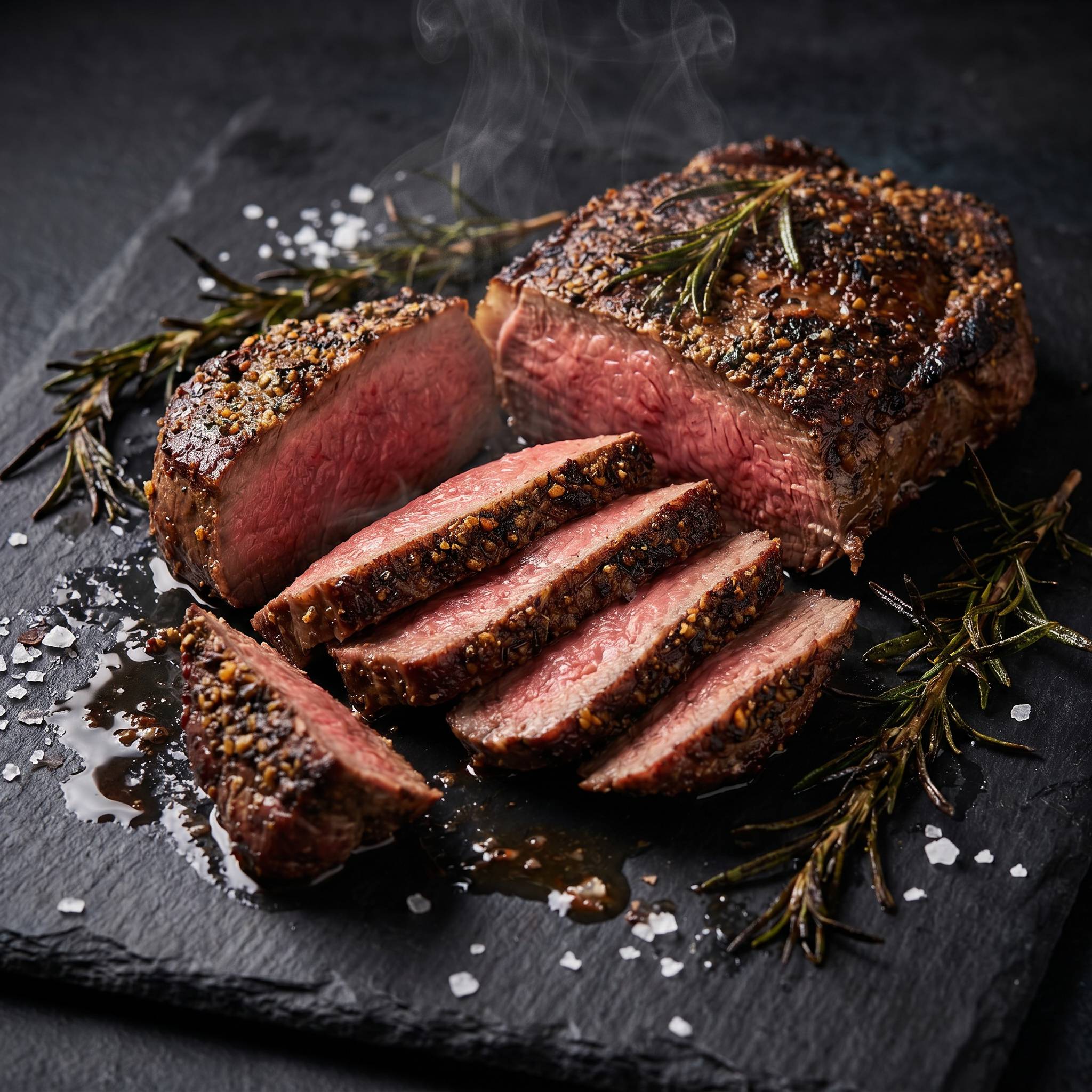 Smoky Pastures Risk It rub — sliced medium-rare beef steak with a savoury crust