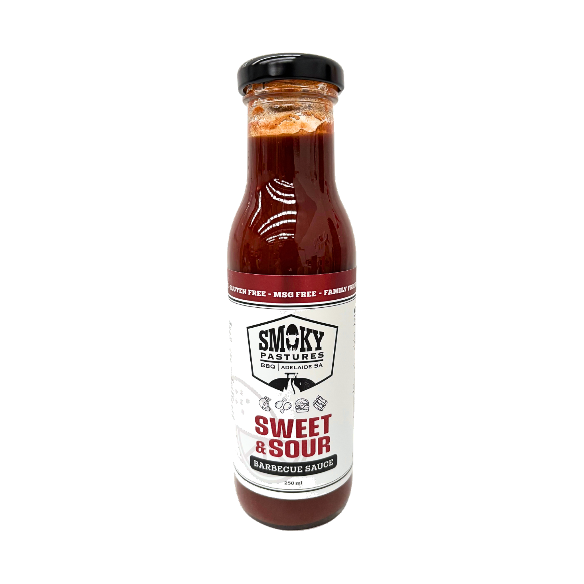 Smoky Pastures Sweet and Sour BBQ sauce 250ml, front of bottle on transparent background