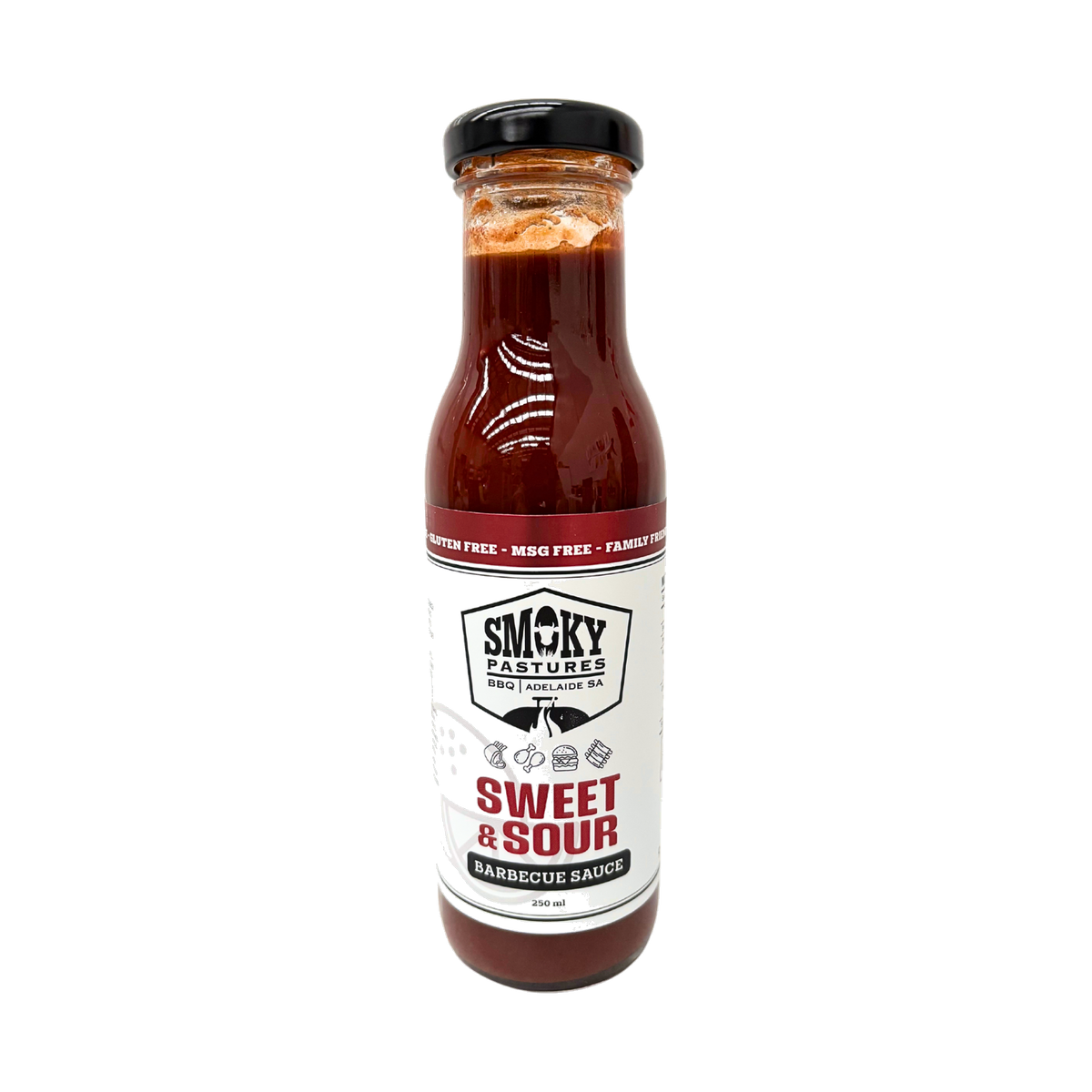 Smoky Pastures Sweet and Sour BBQ sauce 250ml, front of bottle on transparent background