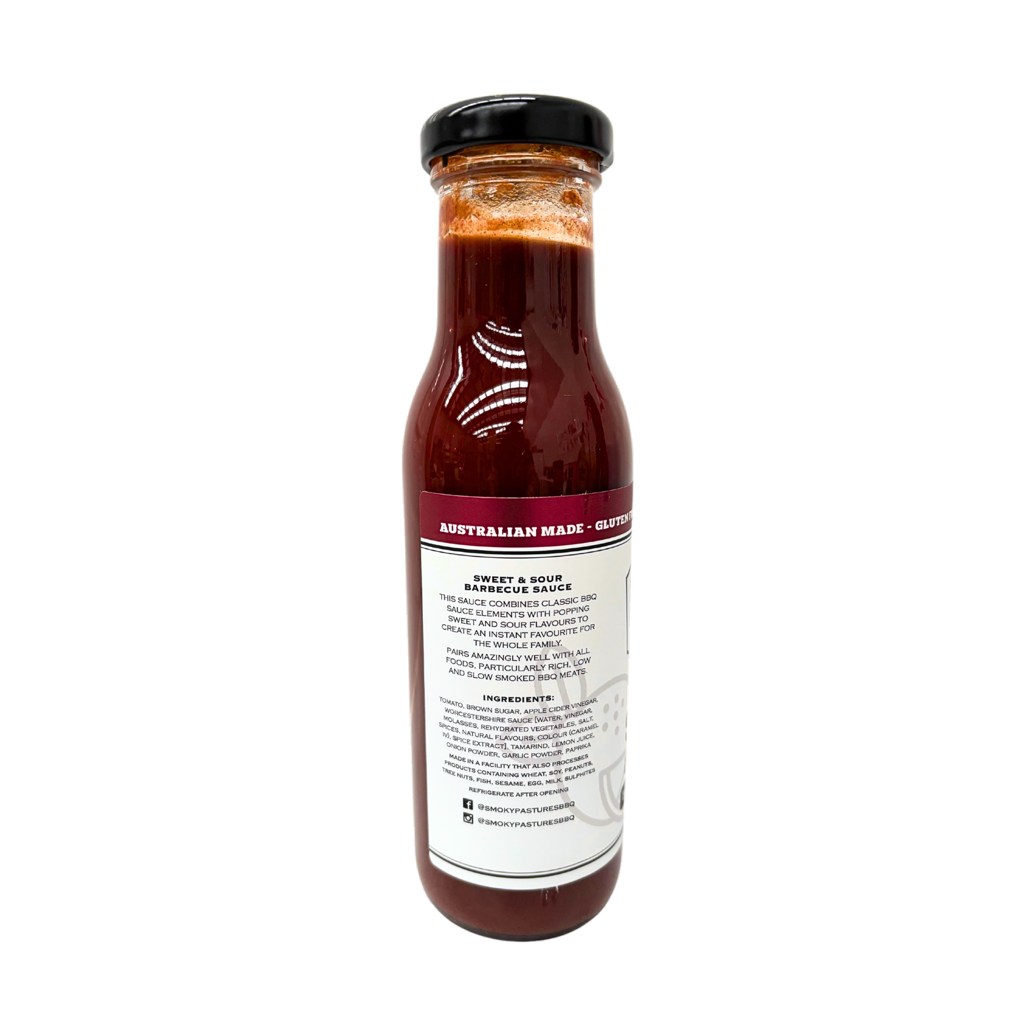 Smoky Pastures Sweet and Sour BBQ sauce 250ml, ingredients panel, transparent background