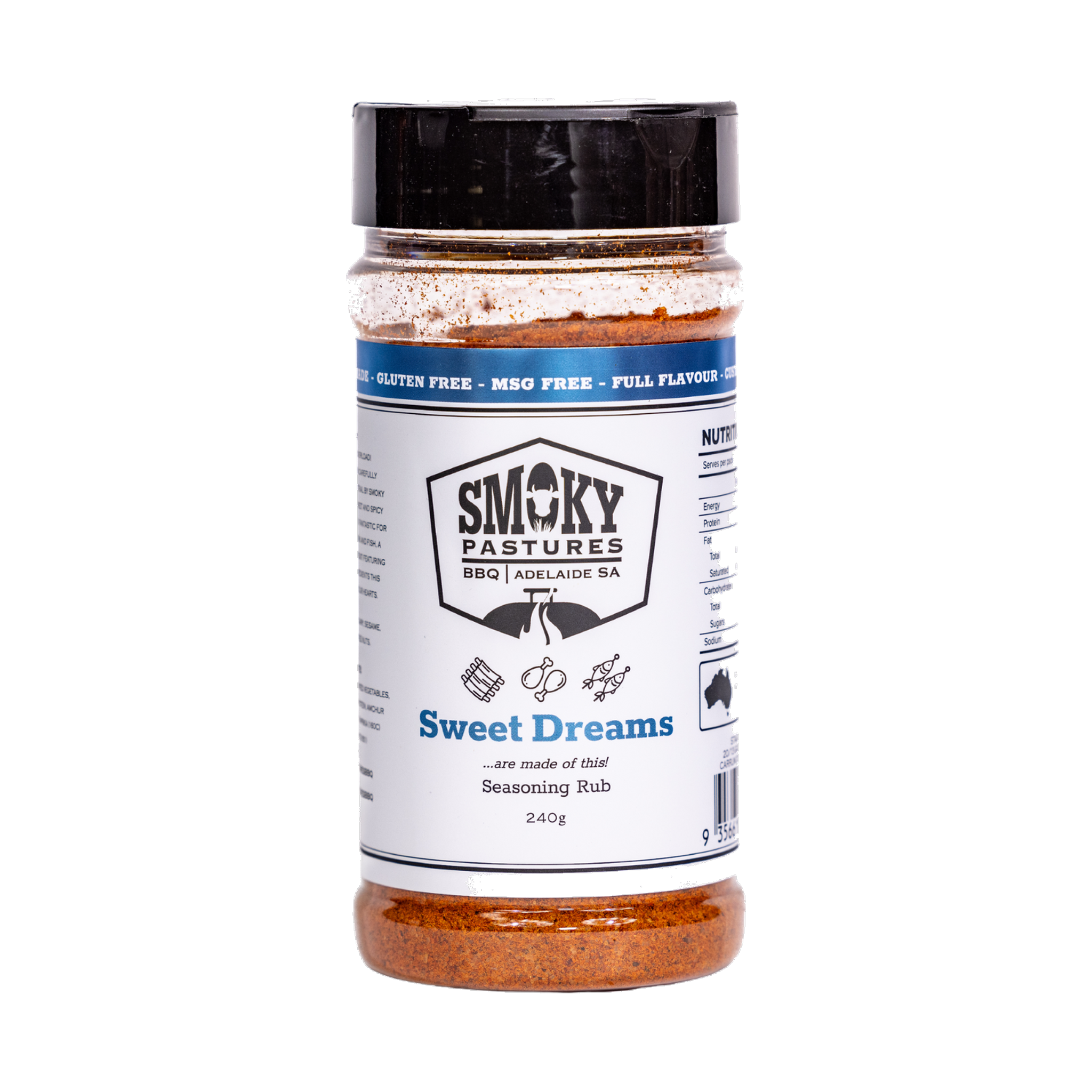 Smoky Pastures Sweet Dreams rub 240g, front of pack on transparent background
