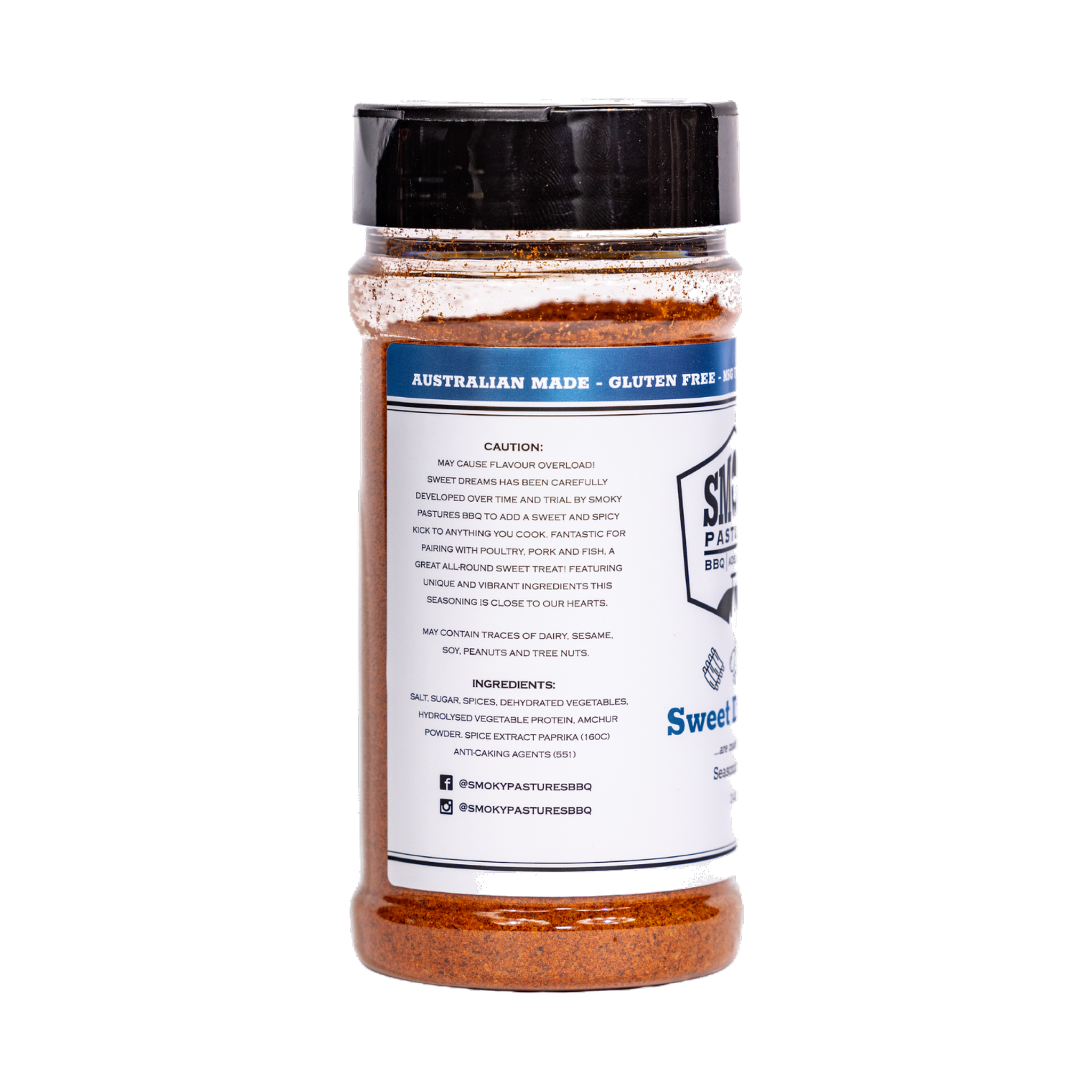 Smoky Pastures Sweet Dreams rub 240g, left side label detail, transparent background