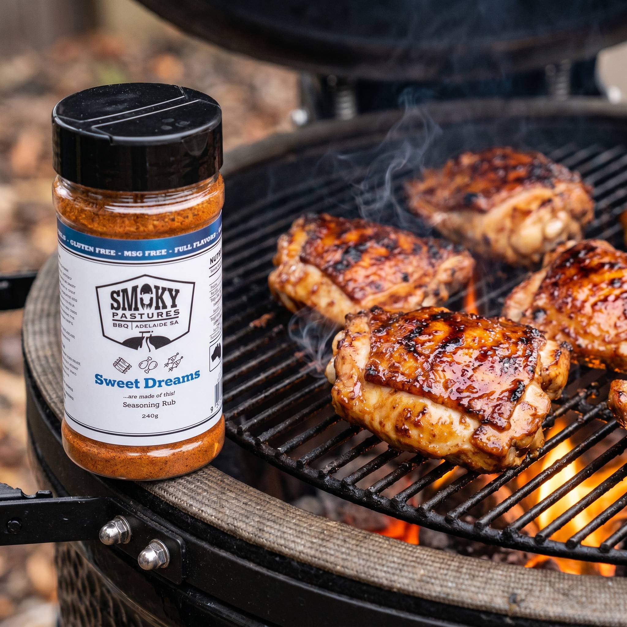 Smoky Pastures Sweet Dreams rub — caramelised grilled chicken thighs on a kamado