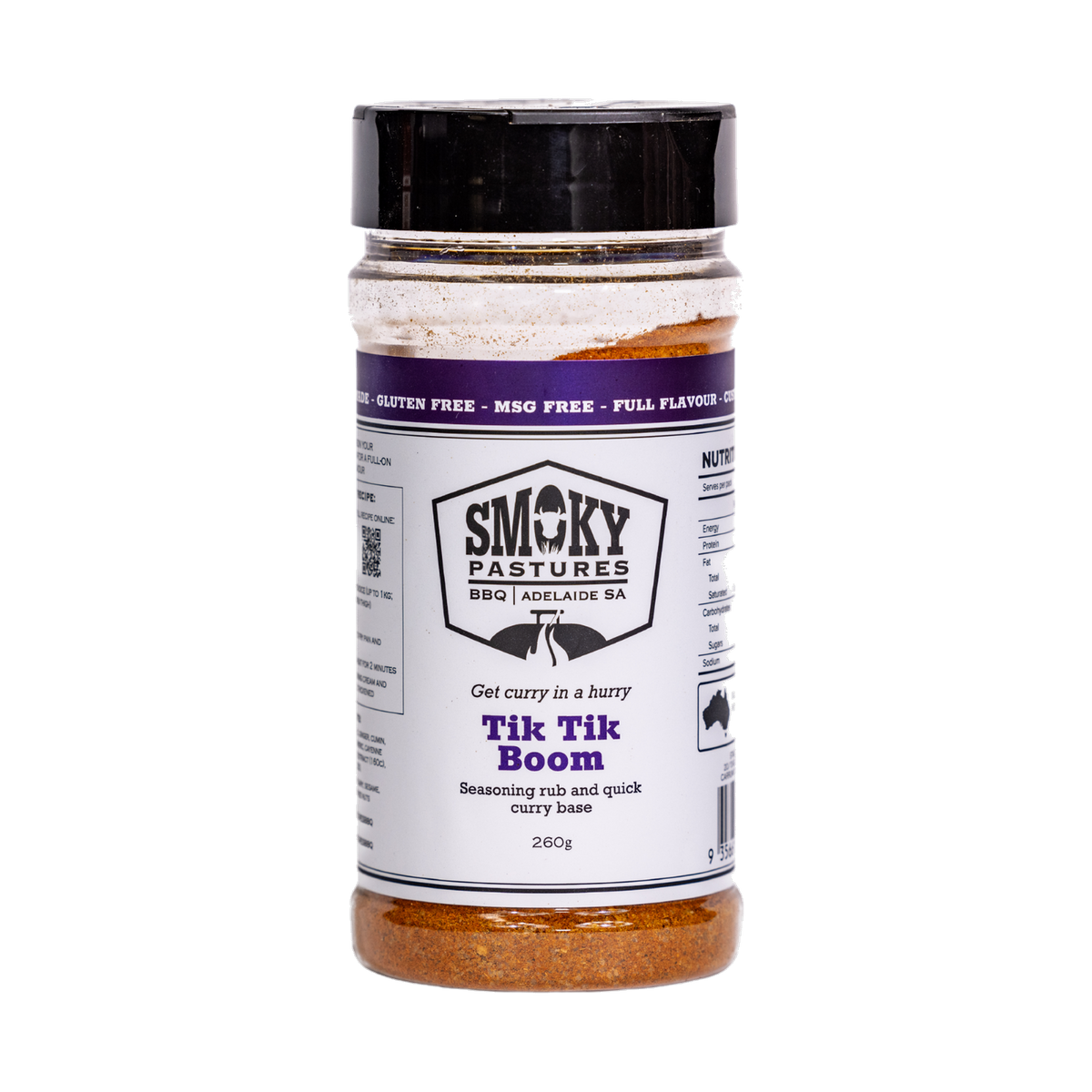 Smoky Pastures Tik Tik Boom tandoori rub 250g, front of pack on transparent background