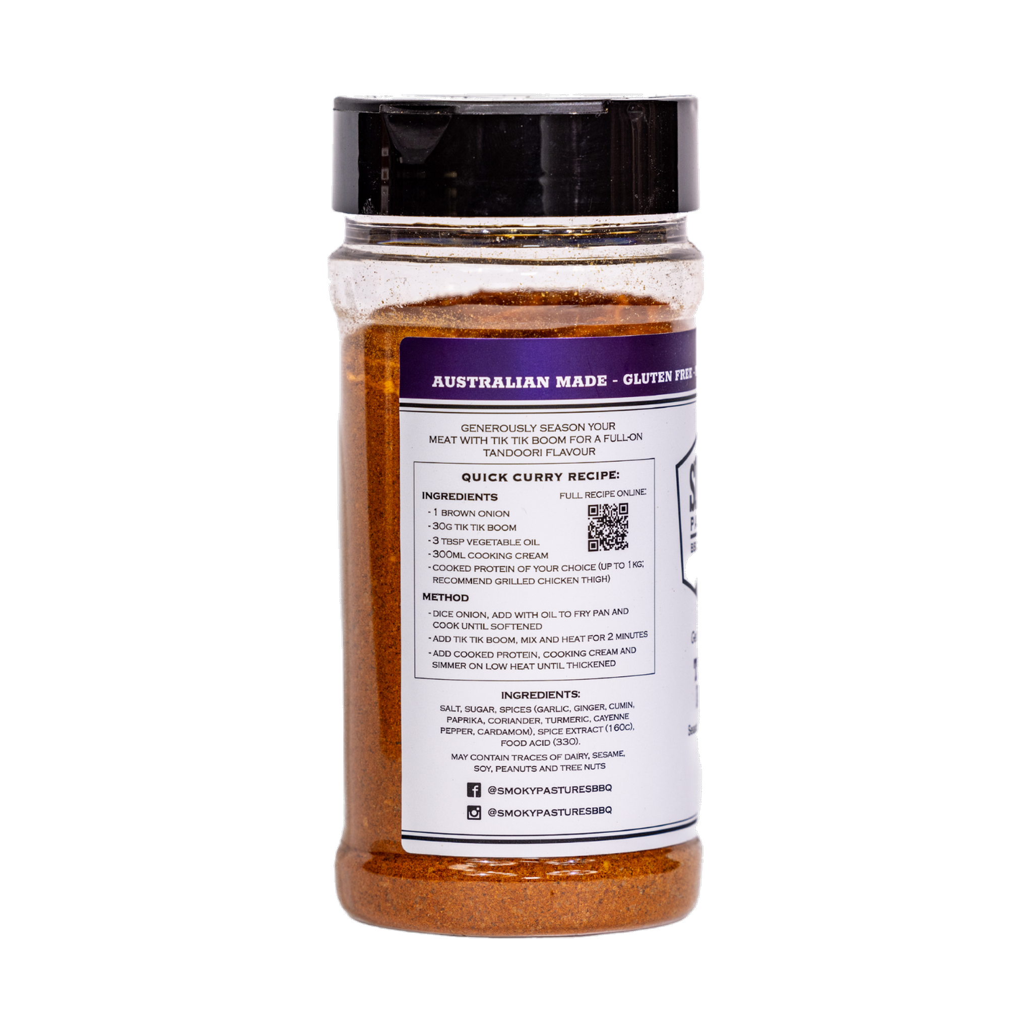 Smoky Pastures Tik Tik Boom tandoori rub 250g, left side label detail, transparent background