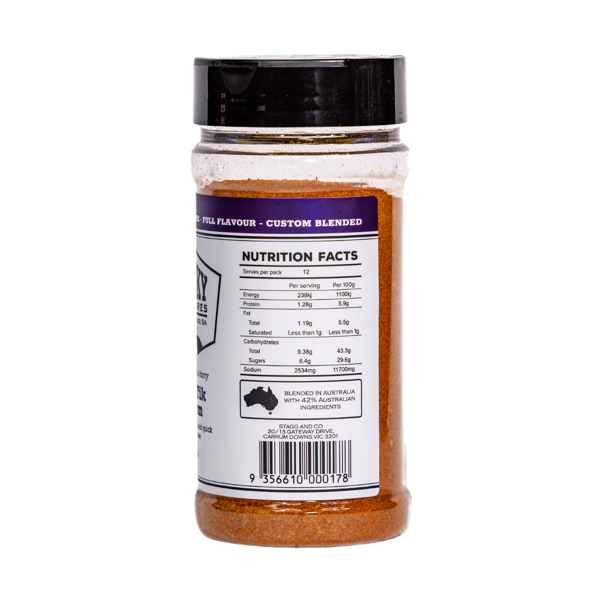 Smoky Pastures Tik Tik Boom tandoori rub 250g, ingredients and nutrition panel, transparent background