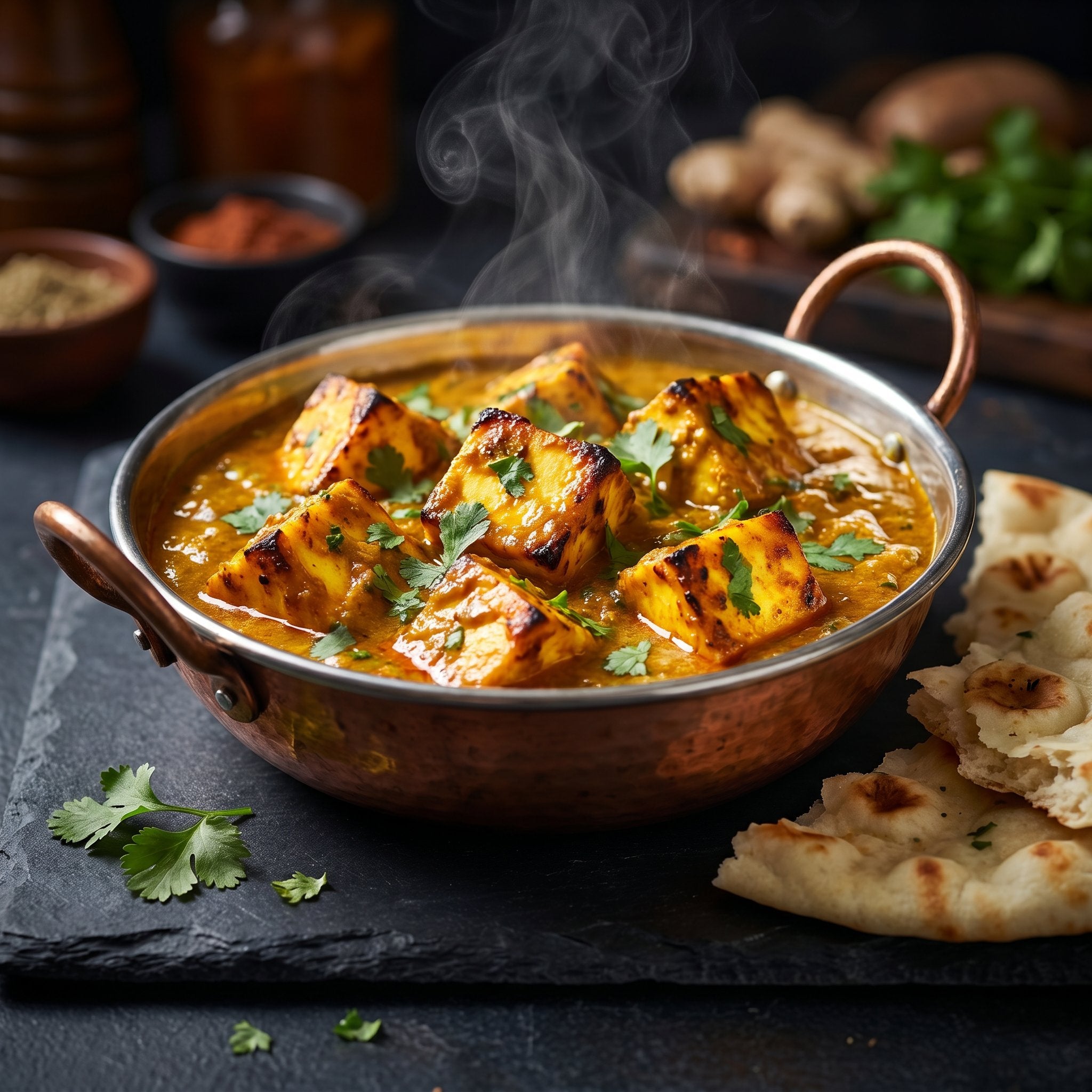 Smoky Pastures Tik Tik Boom rub — golden paneer curry with naan