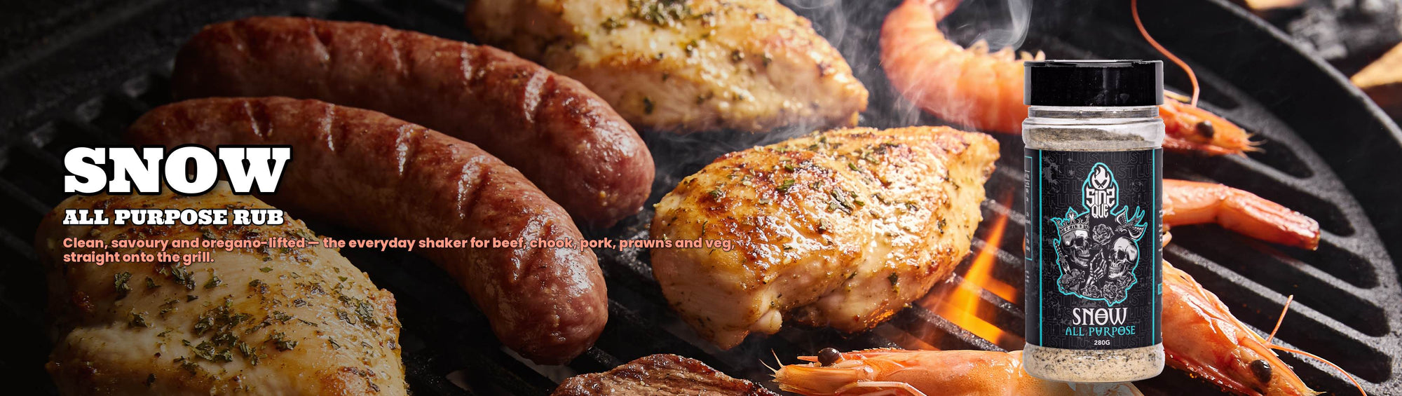 SinsQue Snow All Purpose Rub 250g rub — grilled snags, chicken, steak and prawns with product shaker on a hot grill