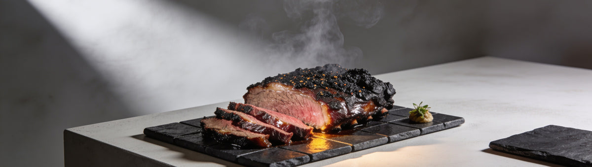 SinsQue Black Mamba Charcoal Rub 250g beef rub — sliced dark-bark brisket with product shaker over open fire