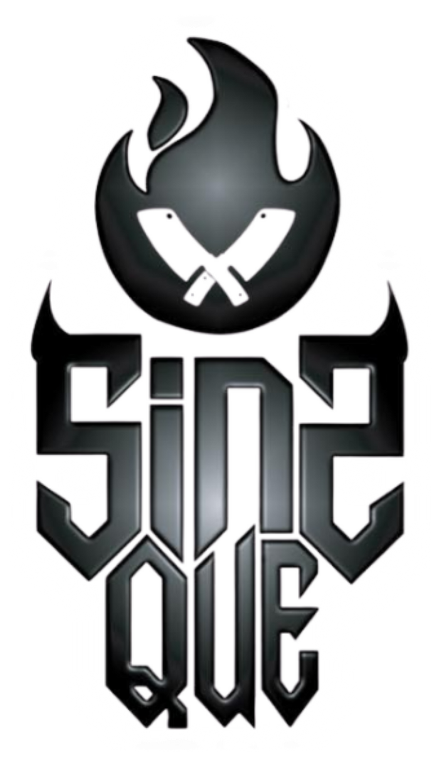 Sins Que barbecue brand logo, flaming crossed-knives emblem, black on transparent background