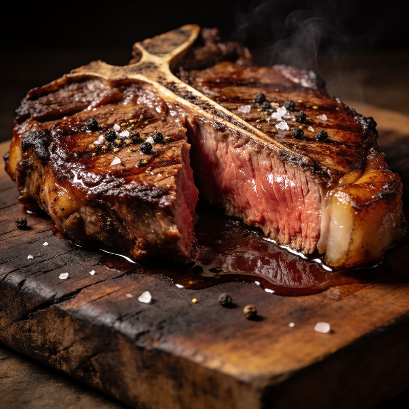 Steak-Ready thick-cut bone-in ribeye seared and sliced, glistening juices on a dark board lifestyle photo