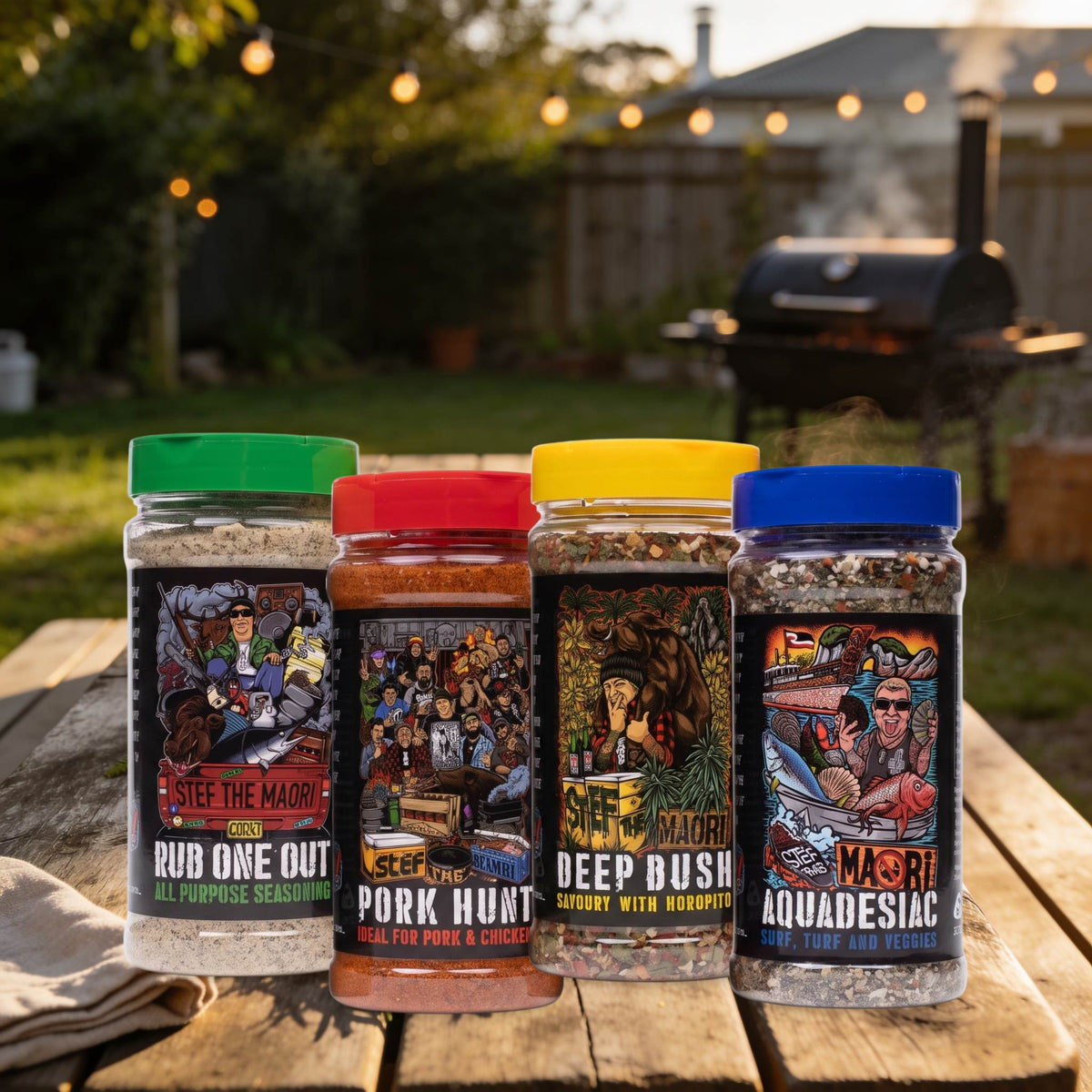 Stef the Maori The Full Stef bundle — all four seasoning shakers together, high-resolution