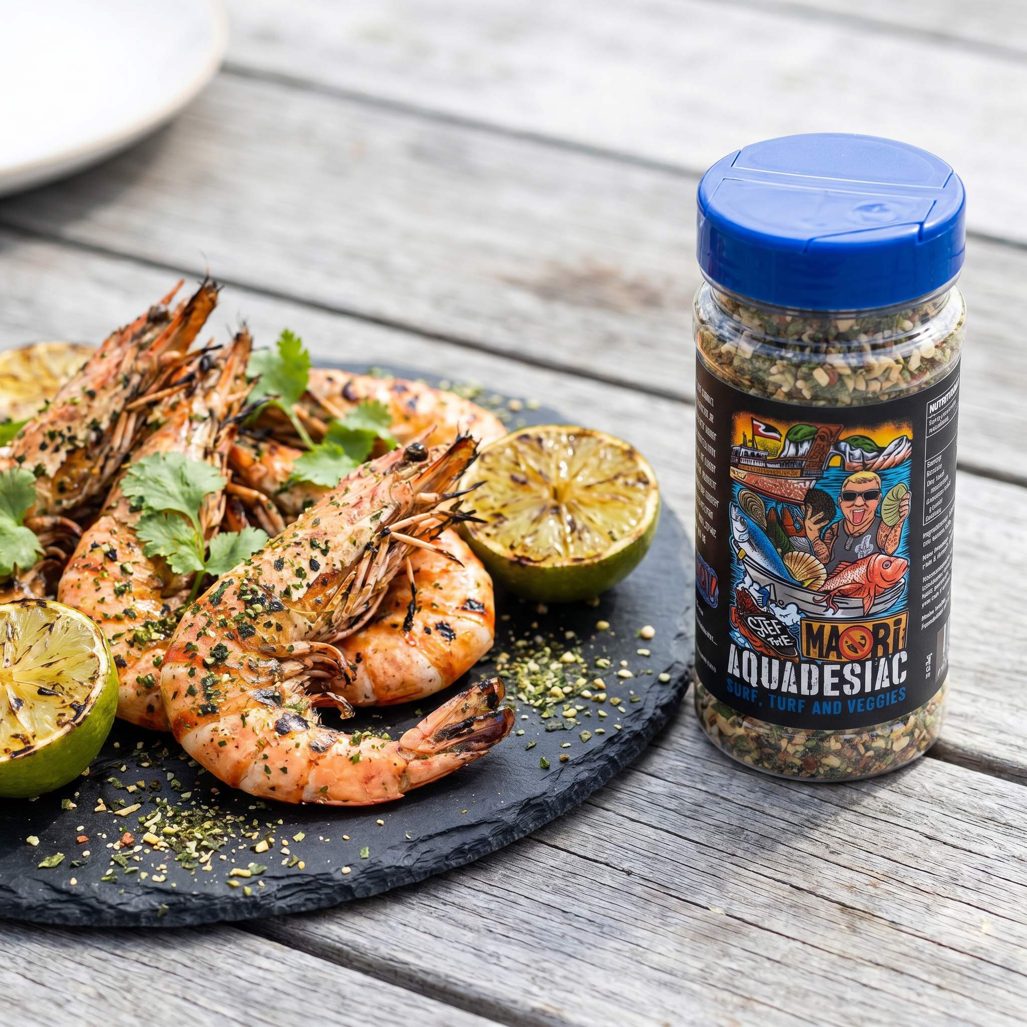Stef the Maori Aquadesiac surf turf and veggies seasoning — chargrilled prawns and lime on a slate plate