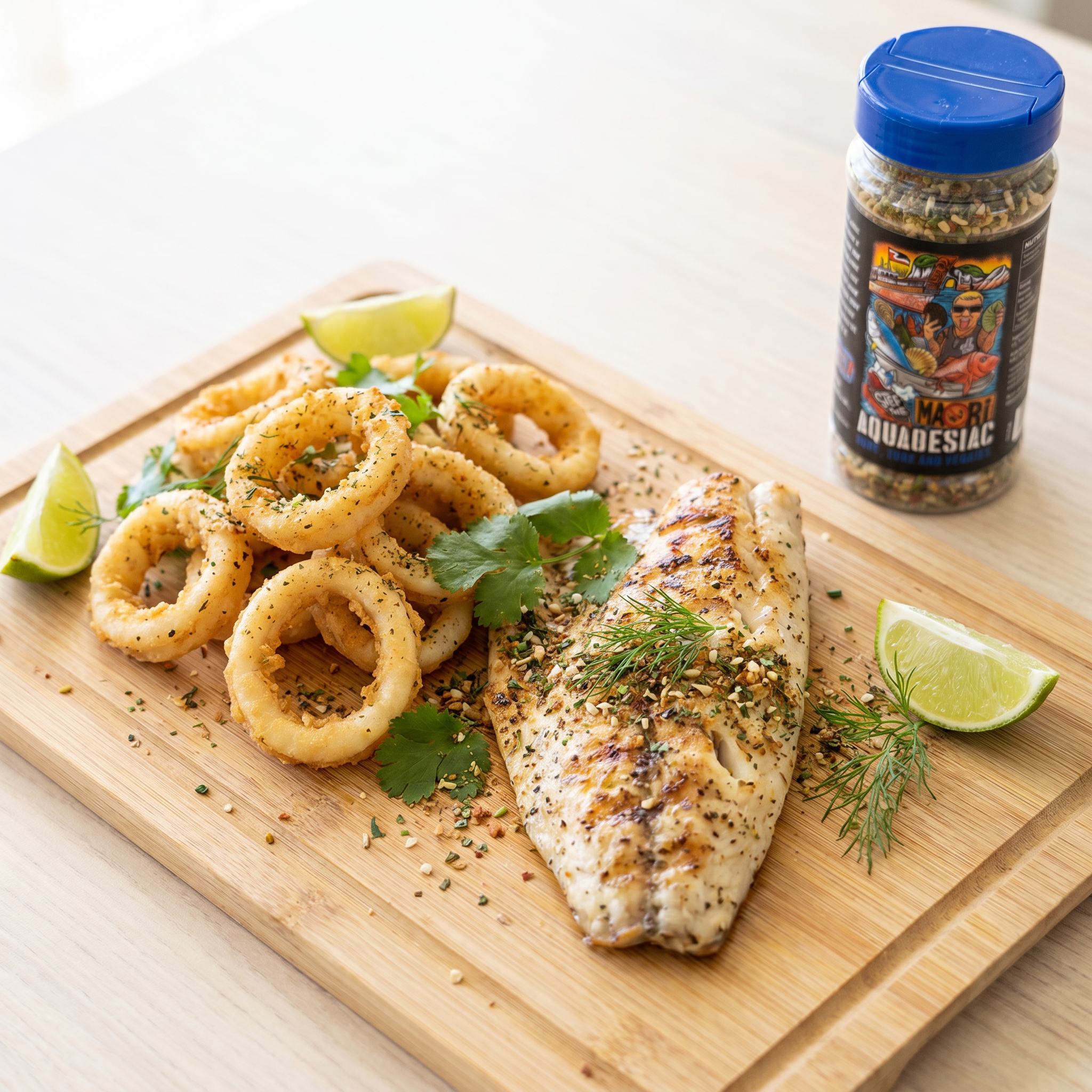 Stef the Maori Aquadesiac surf turf and veggies seasoning — crispy calamari rings and grilled fish on a bamboo board