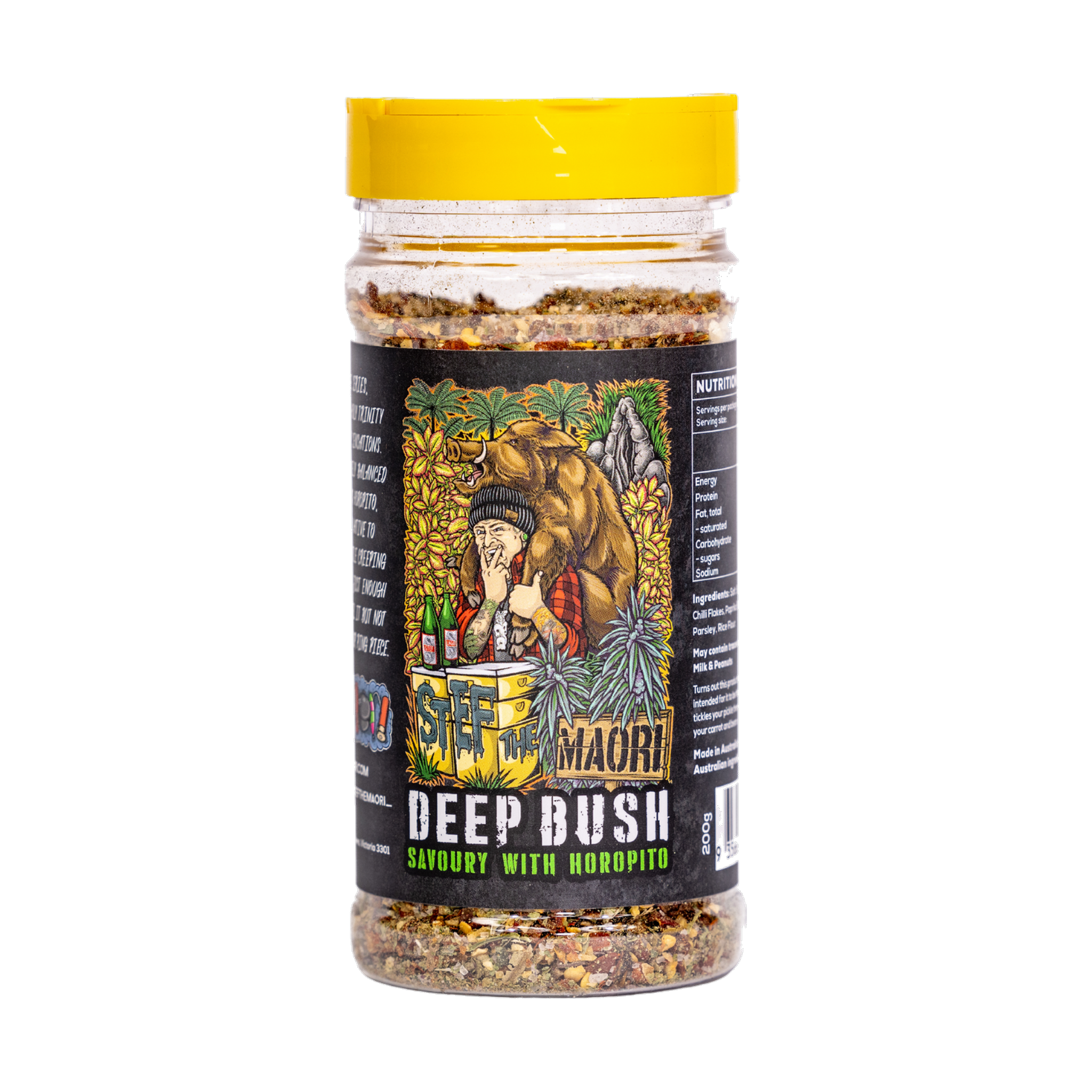 Stef the Maori Deep Bush 200g horopito seasoning, front of shaker on transparent background