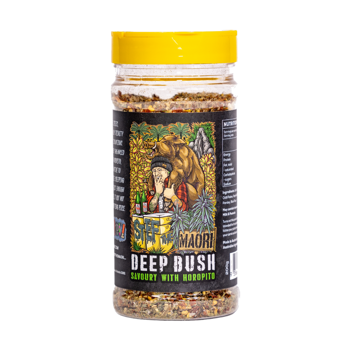 Stef the Maori Deep Bush 200g horopito seasoning, front of shaker on transparent background