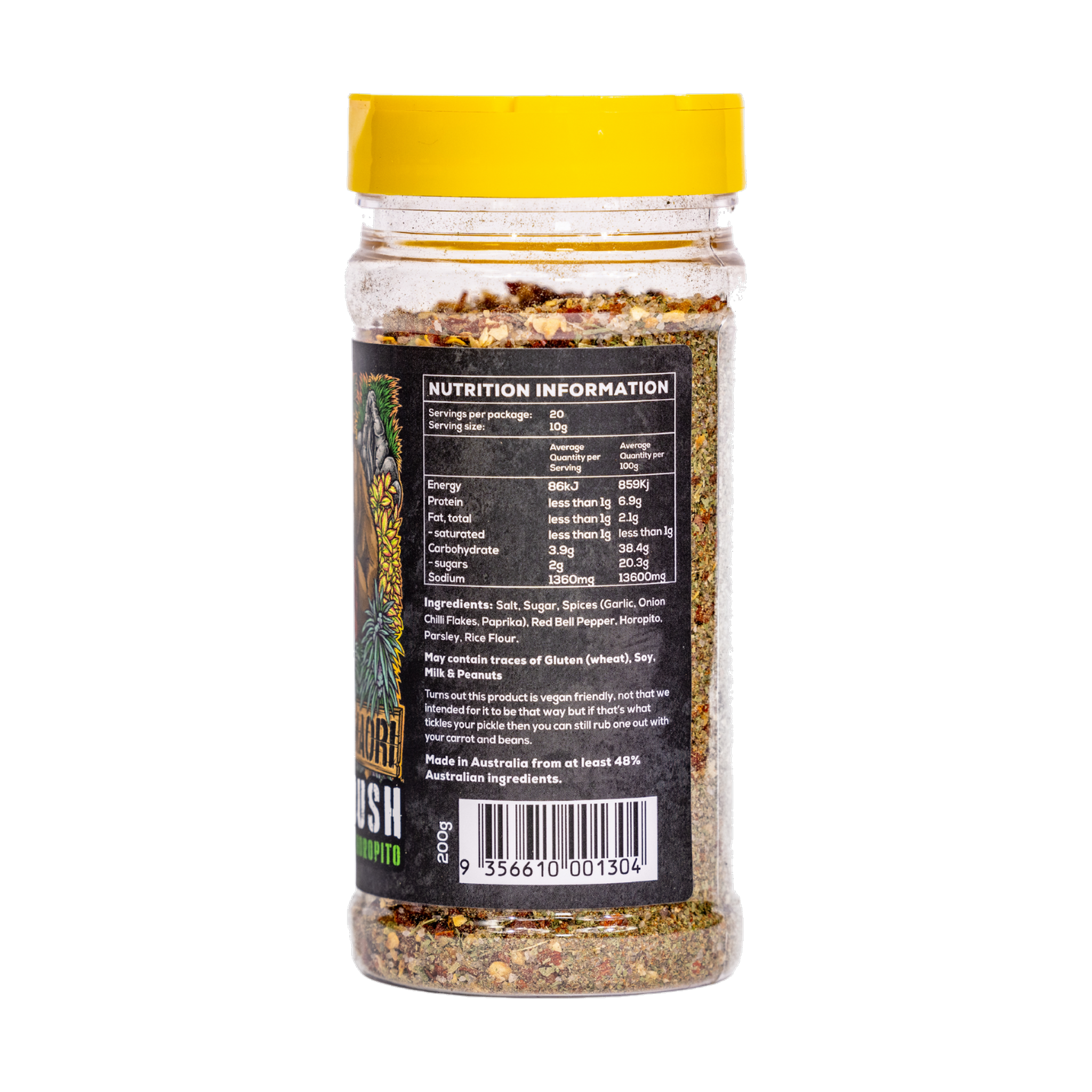 Stef the Maori Deep Bush 200g horopito seasoning, side of shaker, transparent background
