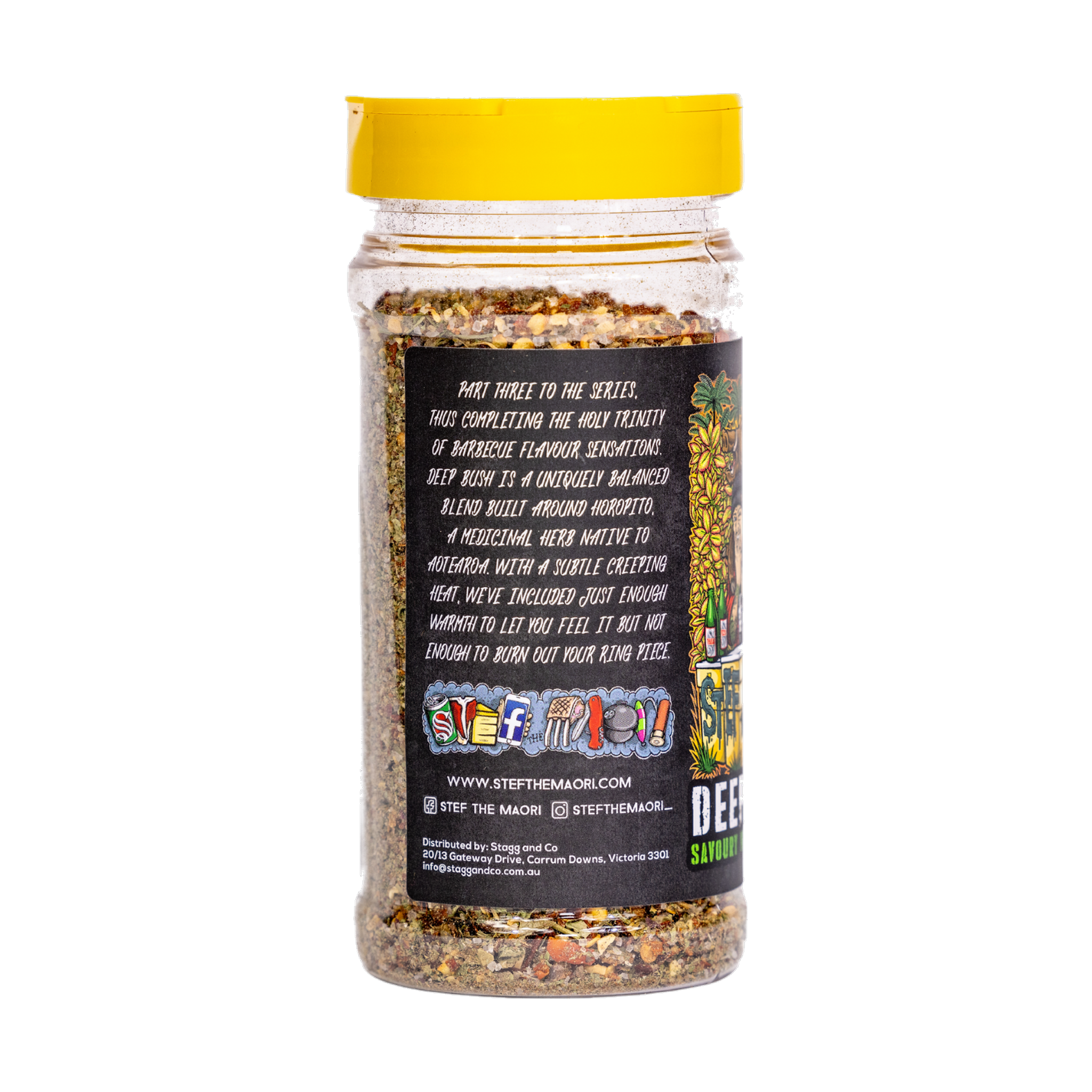 Stef the Maori Deep Bush 200g horopito seasoning, ingredients and nutrition panel, transparent background