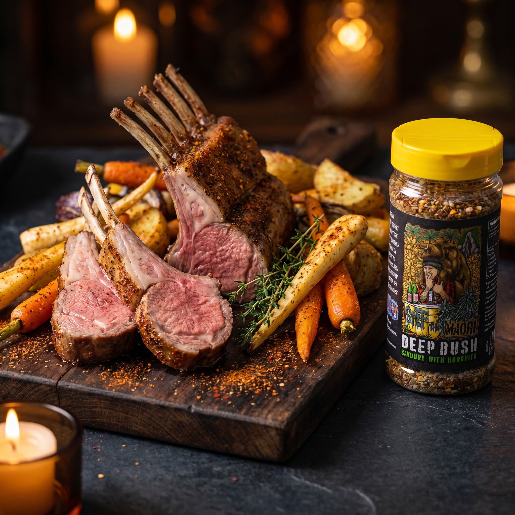 Stef the Maori Deep Bush horopito seasoning — seared rack of lamb cutlets with roast root vegetables