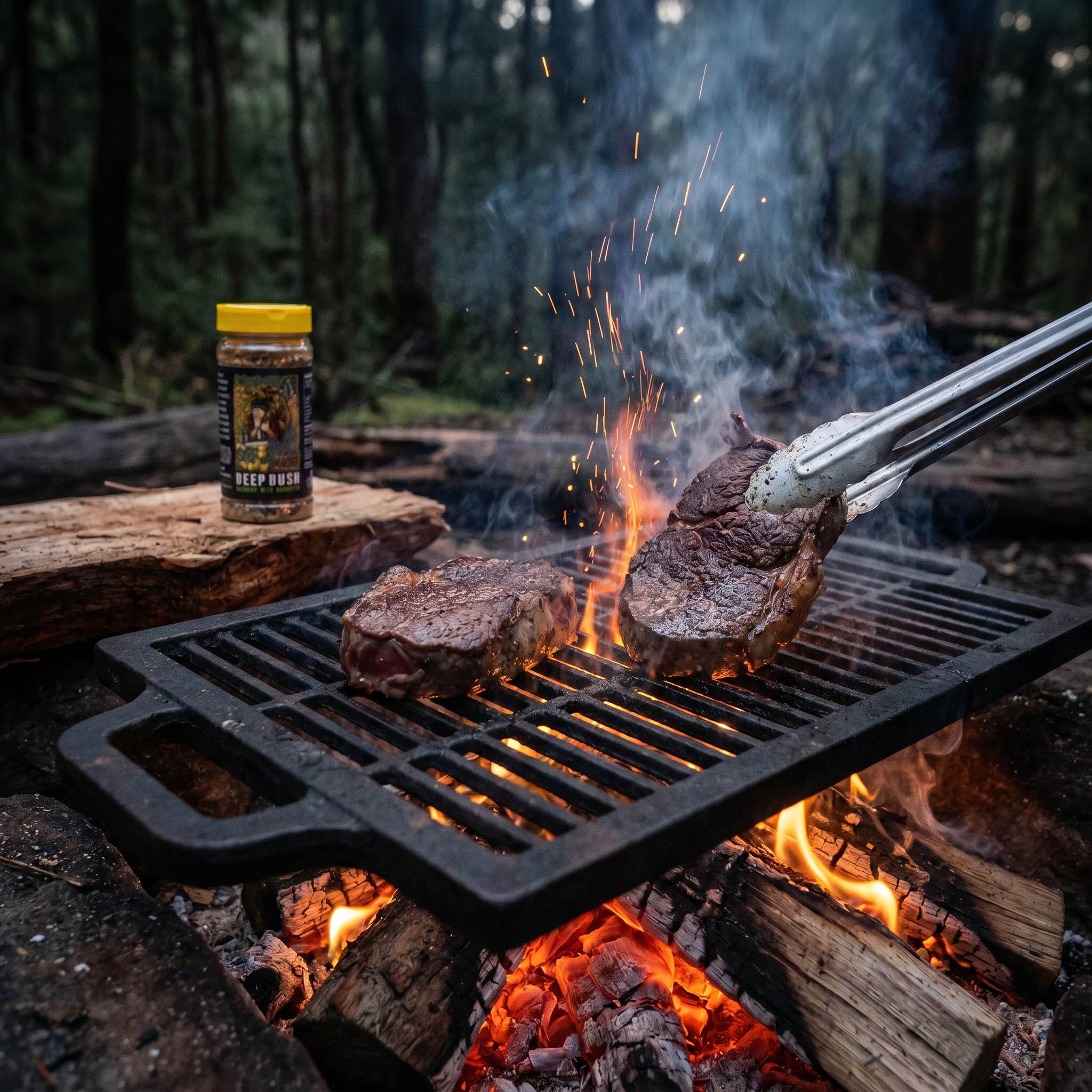 Stef the Maori Deep Bush horopito seasoning — venison steak searing on a cast-iron grate over a bush campfire