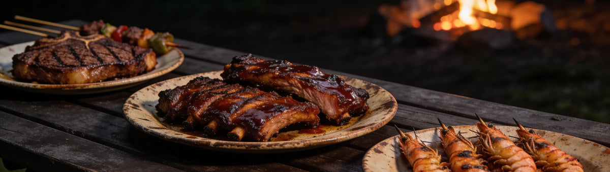 Stef the Maori The Full Stef bundle banner — grilled steak, sticky ribs, chargrilled prawns and skewers spread across a picnic table beside a campfire