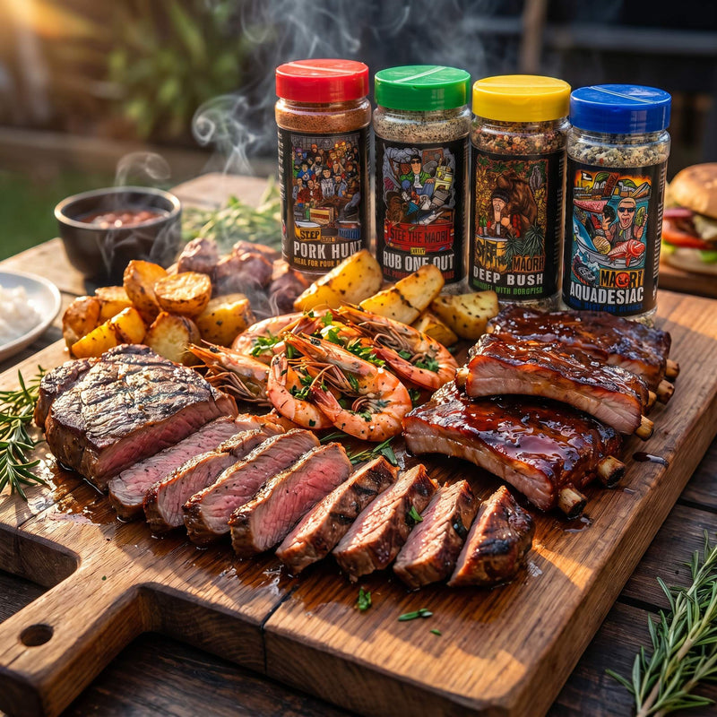 Stef the Maori Ultimate Rub Collection best seller — backyard BBQ spread of steak, ribs and prawns with all four shakers lifestyle photo