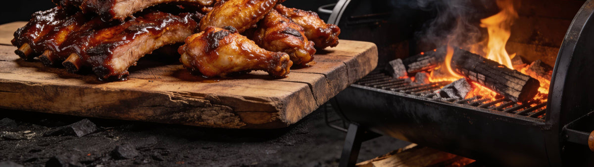 Stef the Maori Pork Hunt Pork and Chicken Rub 240g banner — sticky glazed pork ribs and chicken wings on a wood board beside a glowing smoker