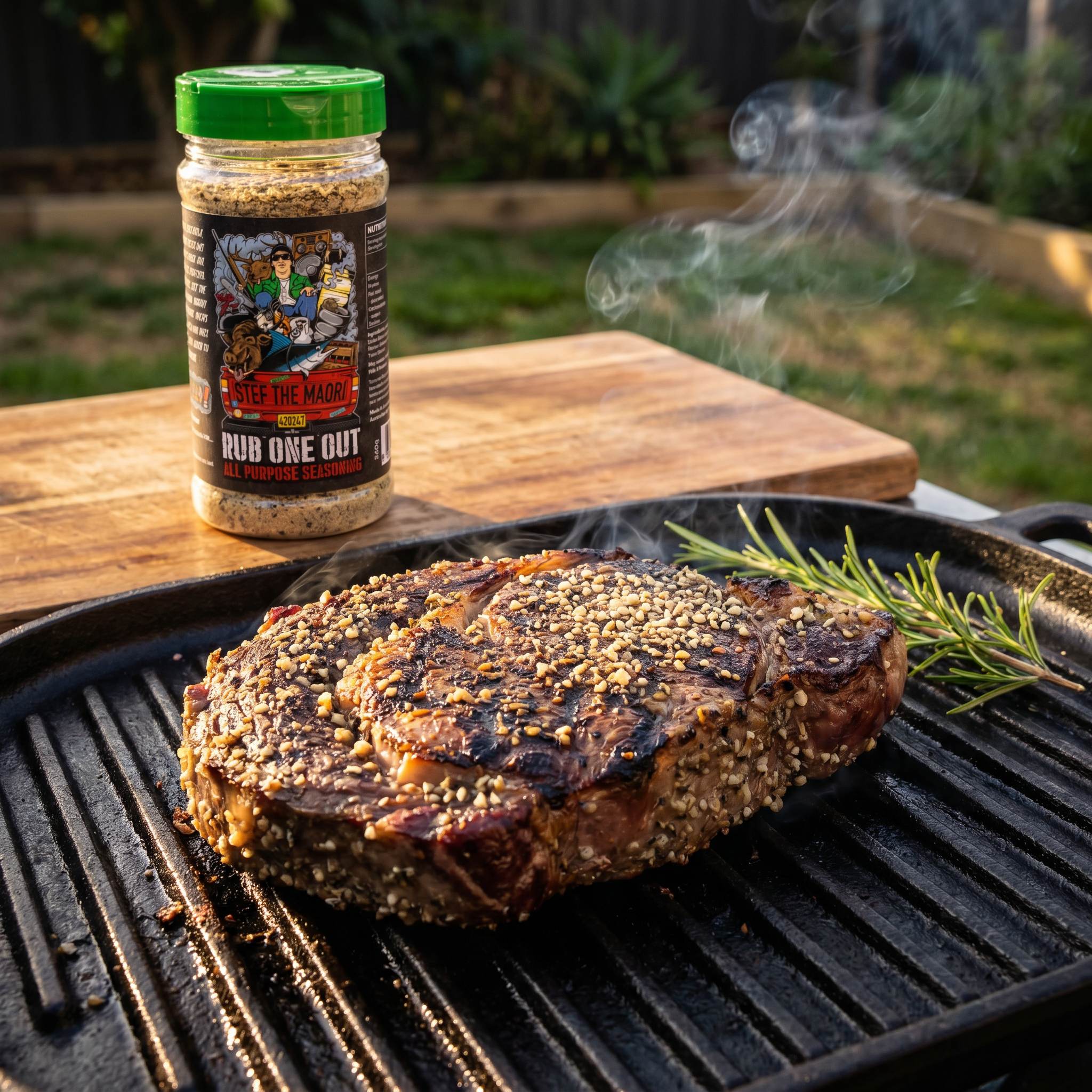 Stef the Maori Rub One Out all purpose seasoning — thick scotch fillet steak searing on a cast-iron grill, shaker beside