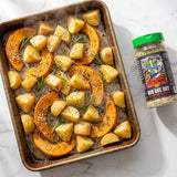 Stef the Maori Rub One Out all purpose seasoning — tray of golden roast potatoes and pumpkin fresh from the oven