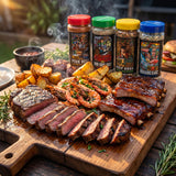 Stef the Maori Ultimate Rub Collection — backyard BBQ spread of steak, ribs and prawns with all four shakers