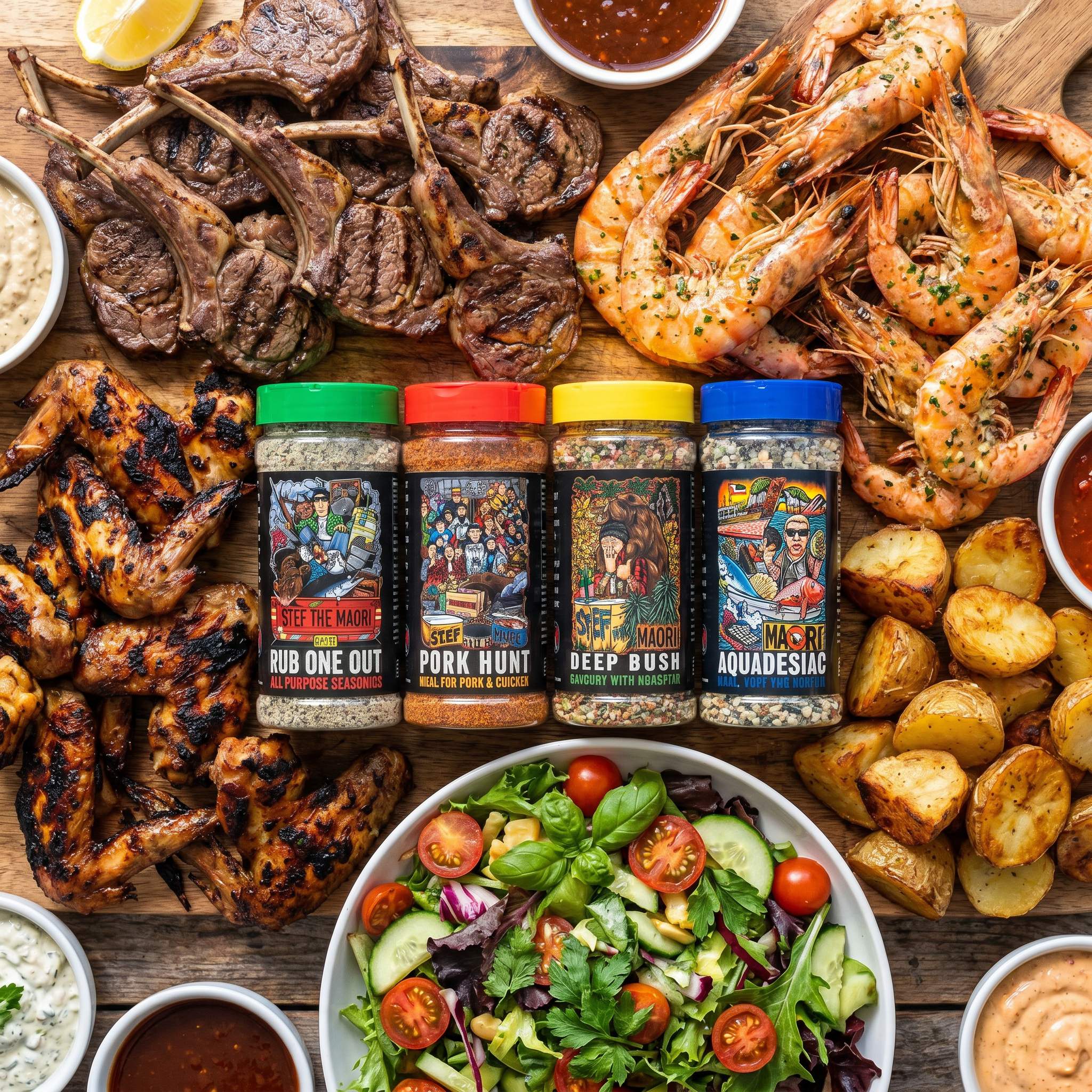 Stef the Maori Ultimate Rub Collection — overhead grazing table of grilled dishes with all four seasoning shakers